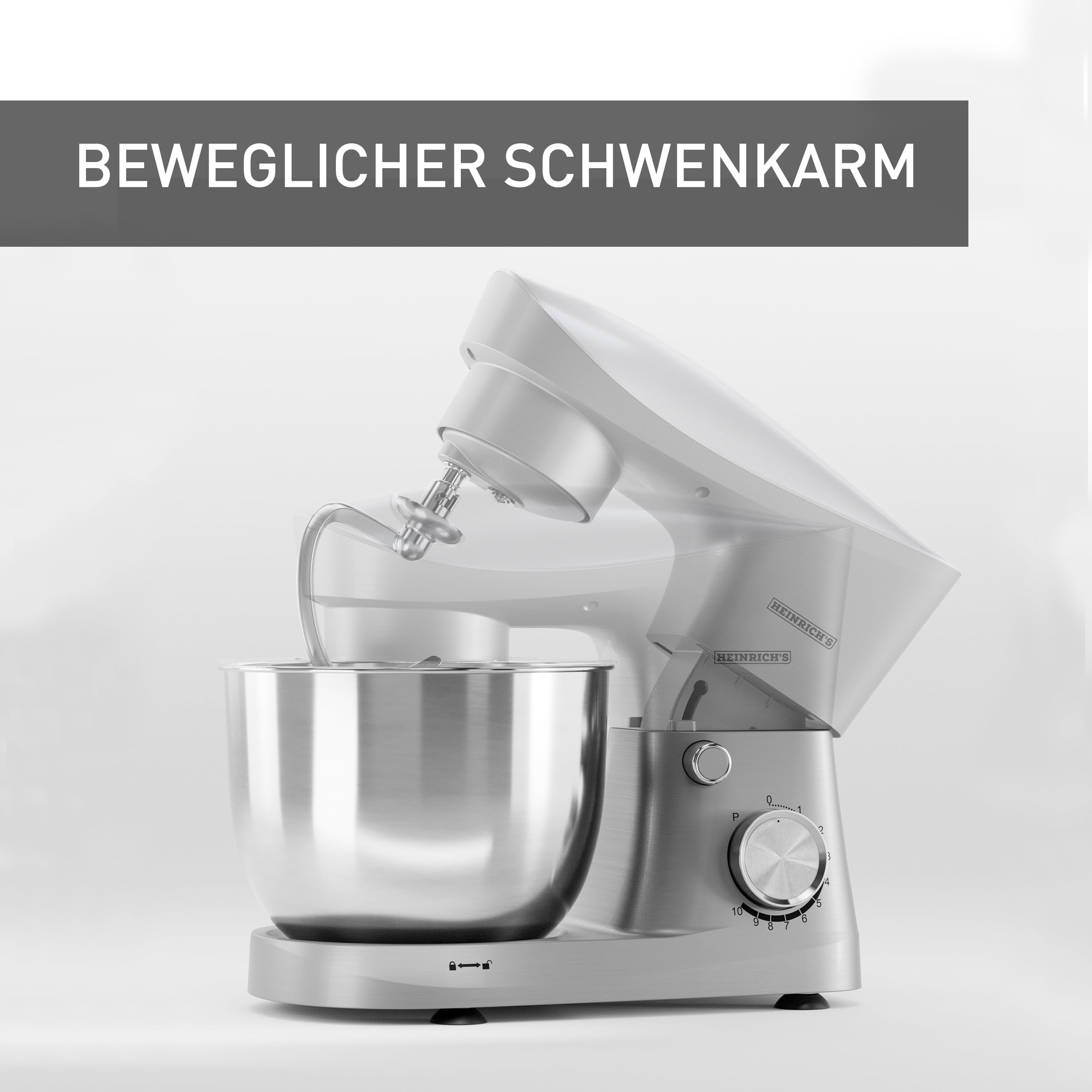 Heinrich´s Küchenmaschine, Knetmaschine, Teigmaschine, Rührmaschine, 1500W Küchengerät, Knethaken, Rührhaken, Schneebesen, 10 einstellbare Geschwindigkeiten, XL 6L Edelstahlschüssel,geräuscharm,silber