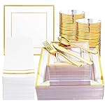 Festiva 350Pcs Clear Plastic Plates with Gold rim - Clear Gold Disposable Dinnerware for 50 Guests includeSquare Plastic Plates/Cups/Cutlery/Napkins Perfect for New Year Party&Wedding &Xmas