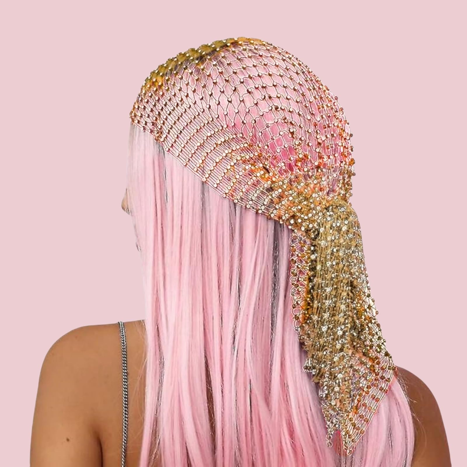 Hybursky Fishnet Headband with Rhinestone Hollow Out Glitter Sequins Head Scarf Veil Cap Elastic Nightclub Headwrap Headpiece Turban Caps Hair Accessories for Women Girls(Gold) - Image 3