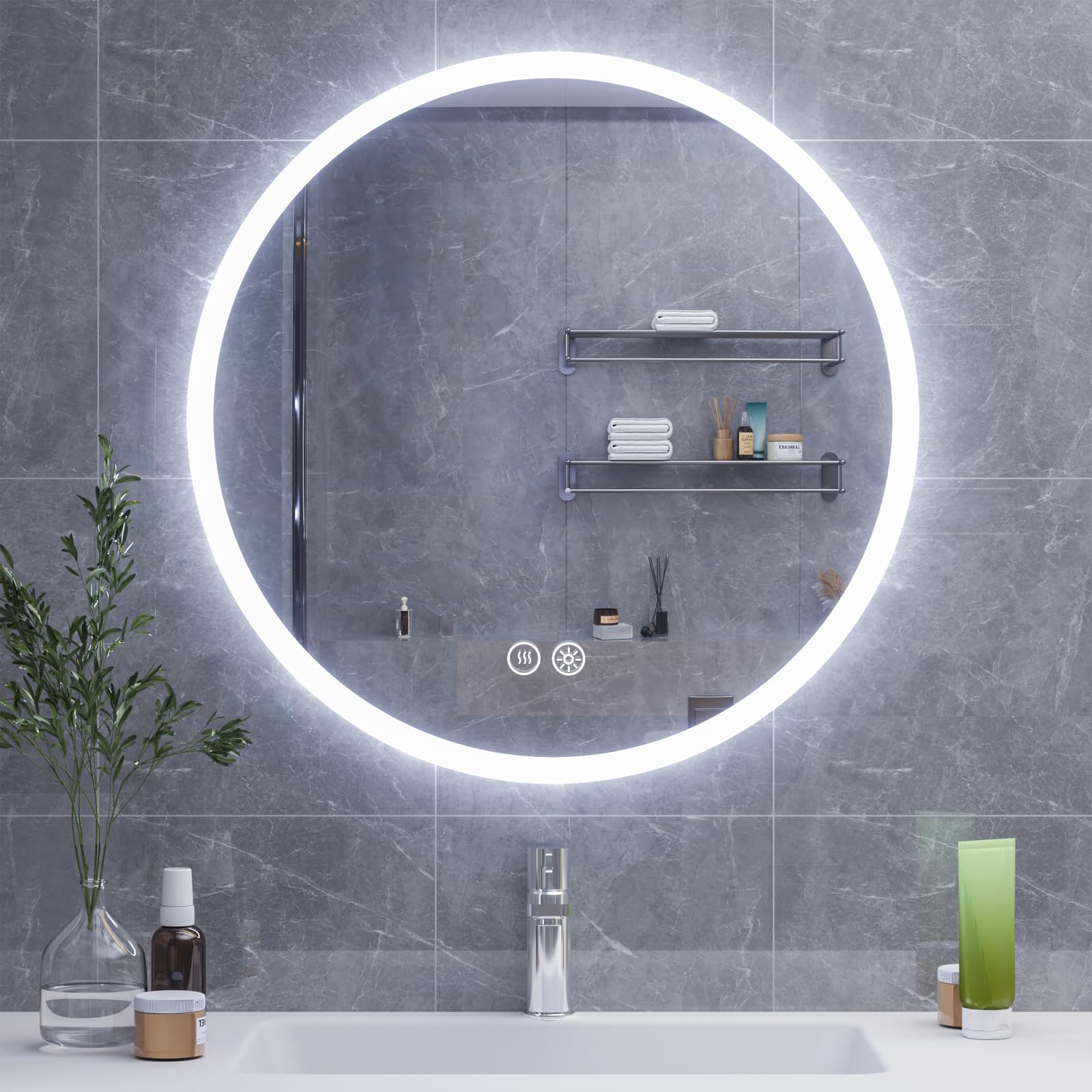 Espejo de baño LED plateado HD, 5 mm de grosor, brillo ajustable y 3 temperaturas de color, interruptor táctil, espejo Vani para decoración moderna del hogar
