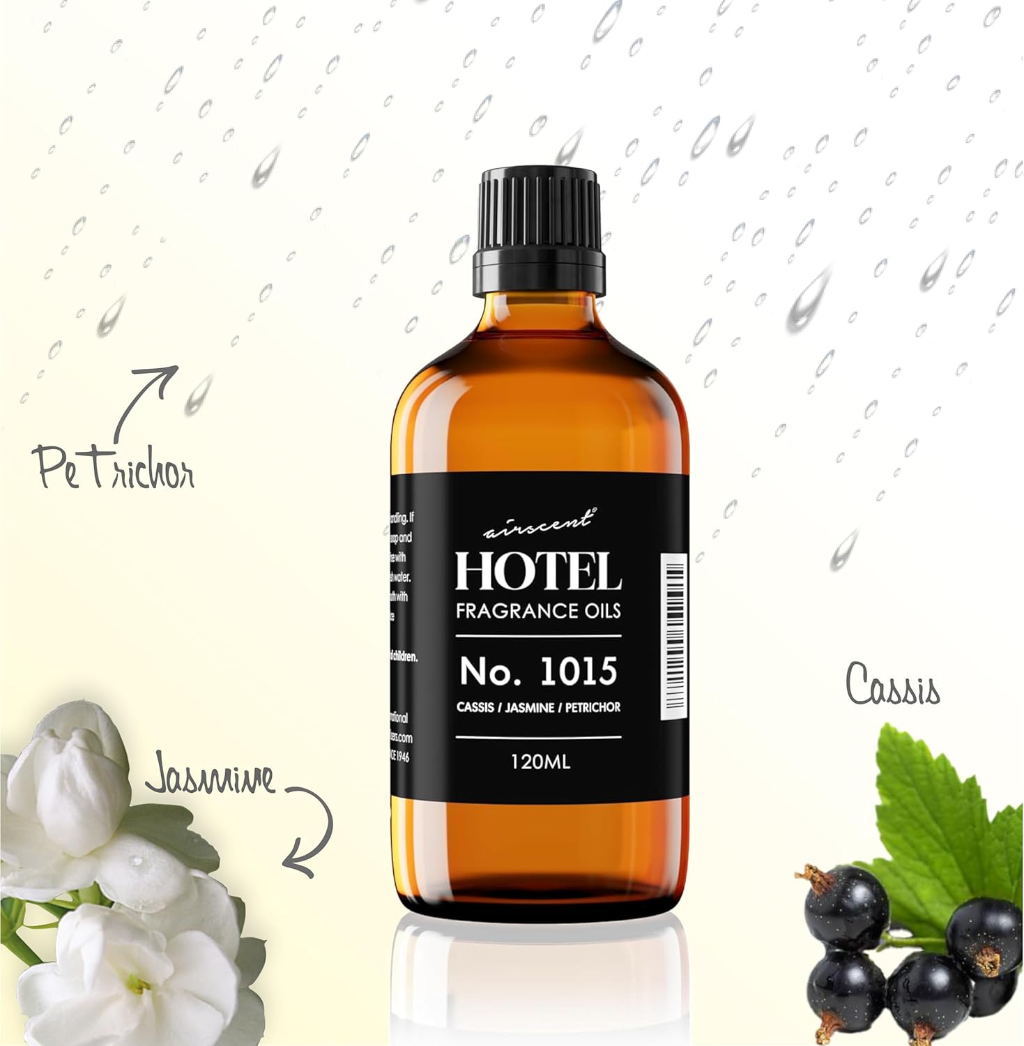 AirScent Hotel Diffuser Oil No. 1015 - Cassis Jasmine Petrichor - Premium Fragrance Oil for Ultrasonic and Waterless Diffusers and Crafting - 120 mL, 4 fl oz Glass Dropper Bottle