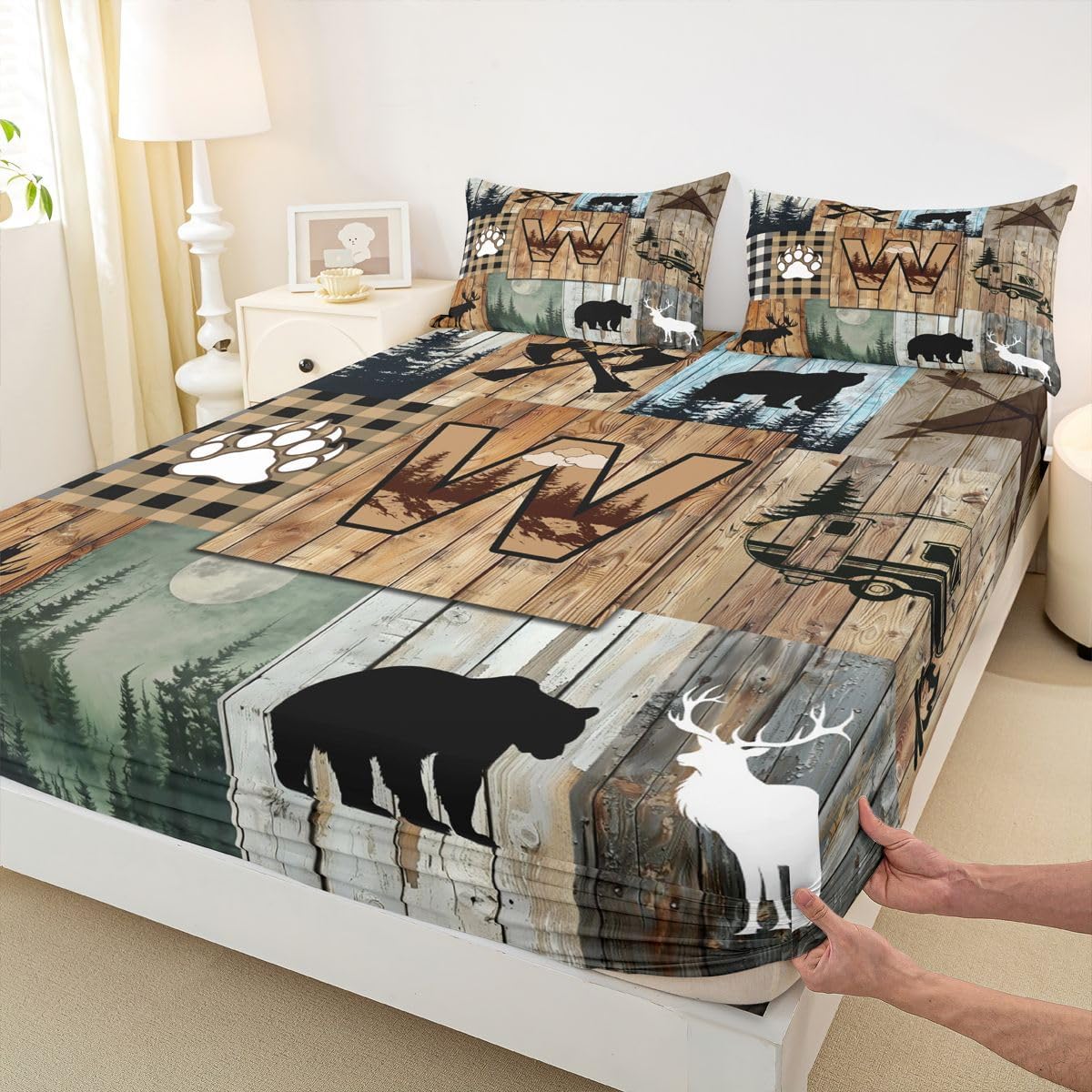 Erosebridal Hunting Bear Moose Deer Sheet Set Twin Initial Letter W Bed Sheets Rustic Cabin Lodge Camping Bedding for Kids Teen Adults,Western Farmhouse Bear Paw Print Bed Sheets Set 3 Piece