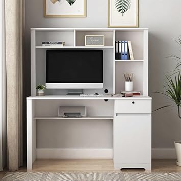 VERYKE Home Office Desk,Computer Desk with Hutch and Drawer,Writing Desk with 3 AC Outlet,Modern Office Desk with 2 USB Charging Ports for Study Room,Living Room White