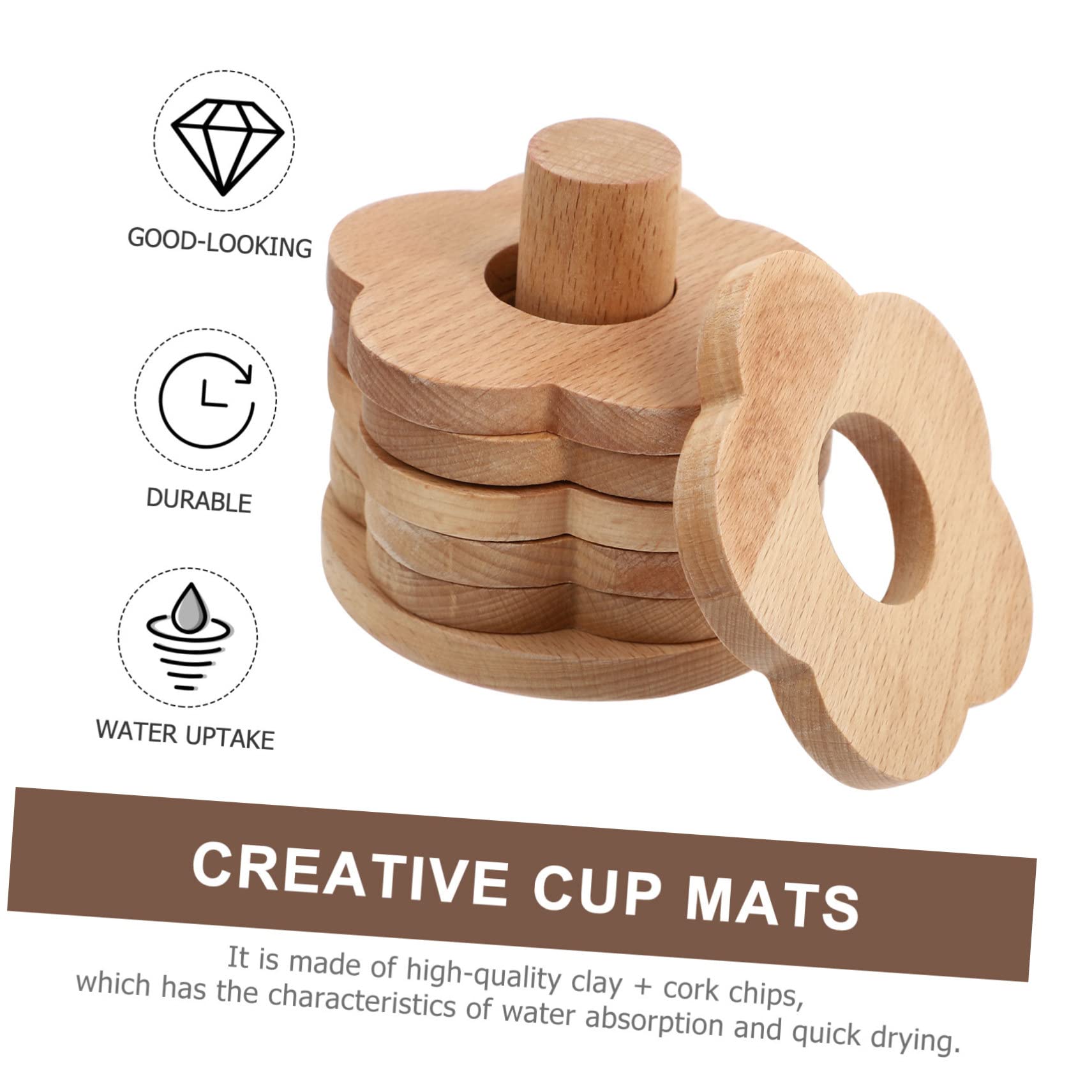 Posavasos de Madera Maciza 7 Piezas en Forma de Flor para Tazas | Khaki, Aptos para Mesa, Diseño y Antideslizante, Uso con Copas de Vino