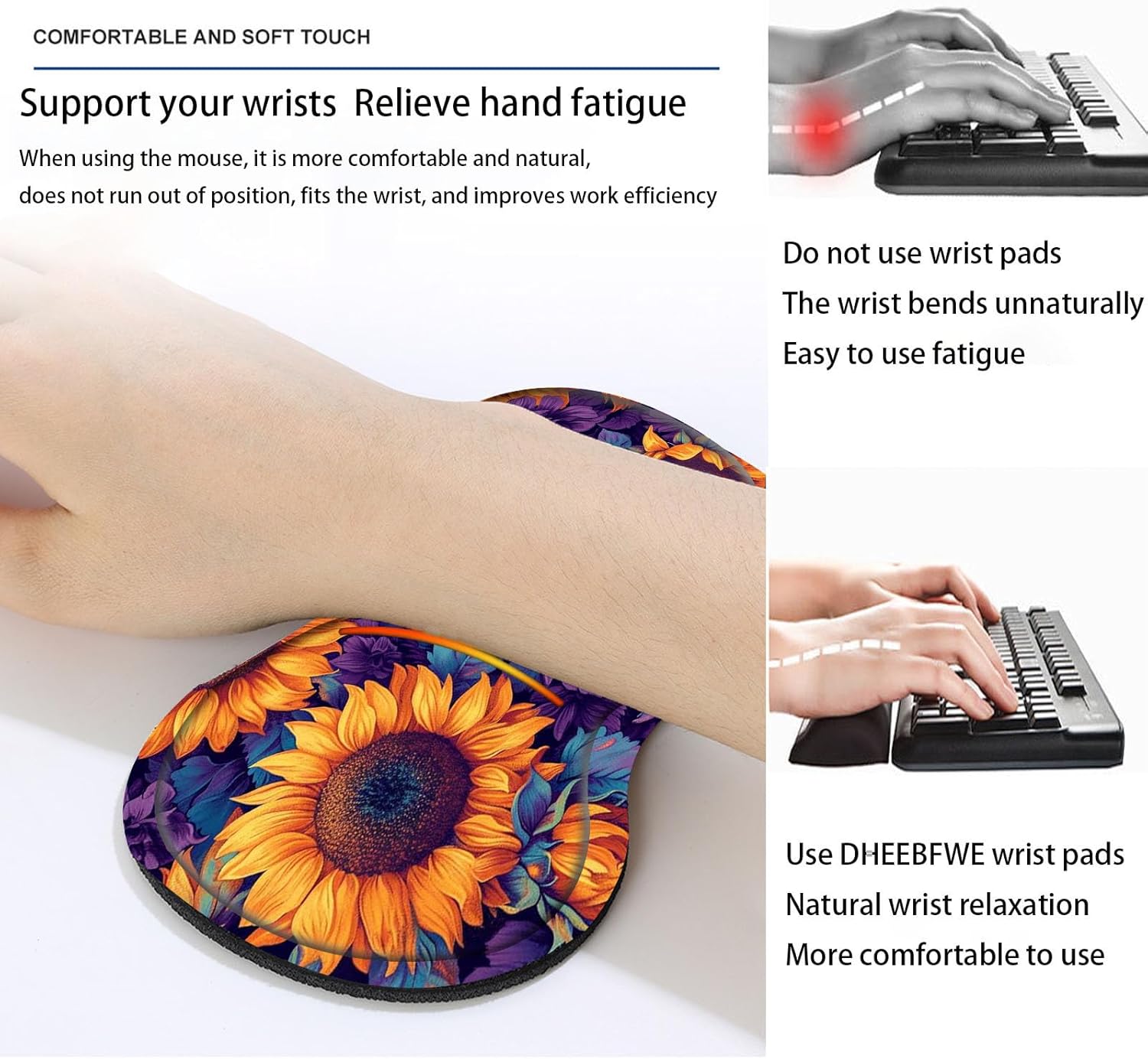 Keyboard Mouse Pad Set,Large Desk Pad+Keyboard Wrist Rest+Mouse Pad Wrist Support+Coaster,Easy Typing Pain Relief Non-Slip Mousepad Wrist Support Mousepad Set Home Office,Sunflower
