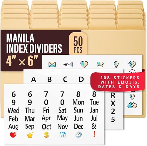 Vista 24 de 25 separadores de tarjetas de índice Manila de peso pesado de 4 x 6 – Divisores organizadores de índices con pestañas y 108 calcomanías