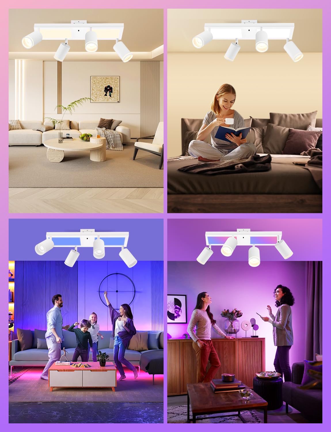 YindaLux Deckenstrahler LED mit Fernbedienung RGB Farbwechsel 30W 3600LM | Weiß RGB Deckenleuchte 4 Flammig mit Unteres Glühen, Inkl. GU10 Leuchtmittel, Schwenkbar Strahler Lampe für Wohnzimmer