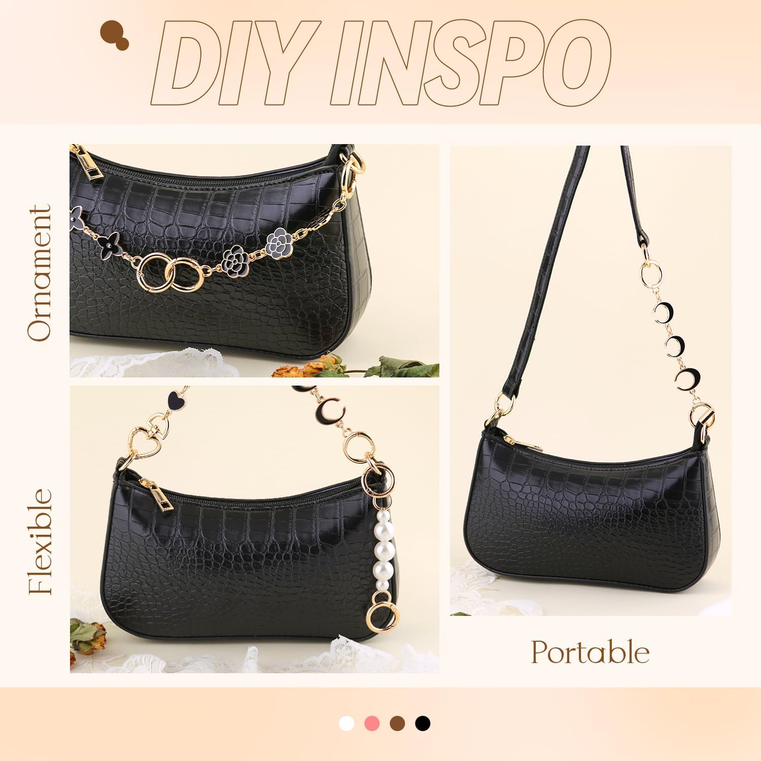 4Pcs Bag Extender Chain (Multishapes and Pearl) Purse Extender Chain Bag Strap Extender for Handbags Crossbag Shoulder Bags, Metal Gold Chains Replacement Black Purse Bag Chains Accessories - Image 8