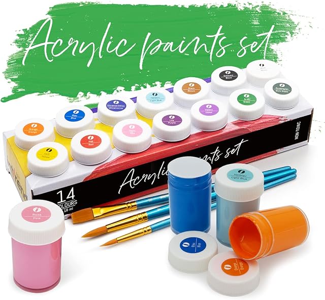 int!rend Acrylic Paint Set + Brushes - 14 Acrylic Craft Paints x 18ml for Children & Adults - Waterproof Colours for Painting Canvas, Wood, Clay & Paper
