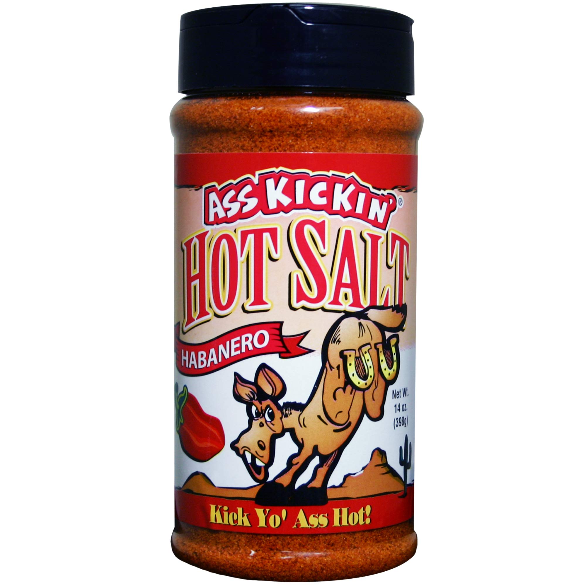 ASS KICKIN' Habanero Hot Spicy Salt - 14 oz. Shaker Jar - Perfect Flavored Salt for Popcorn Seasoning, Margarita Salt and French Fry Seasoning -