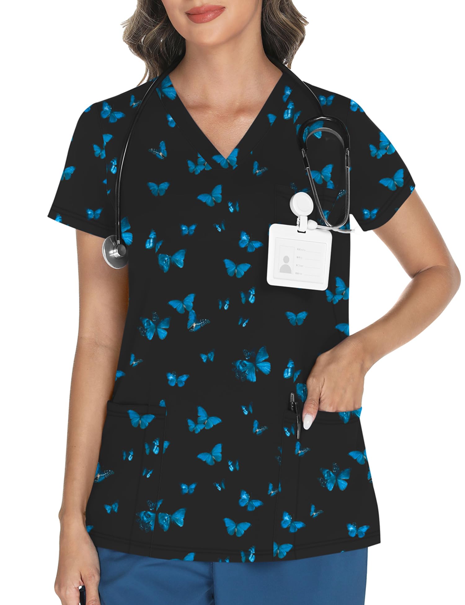 LOMON Scrubs for Women V Neck Butterfly Scrub Tops Soft Knit Scrub Printed Shirts with 3 Pockets Blue Butterfly XL