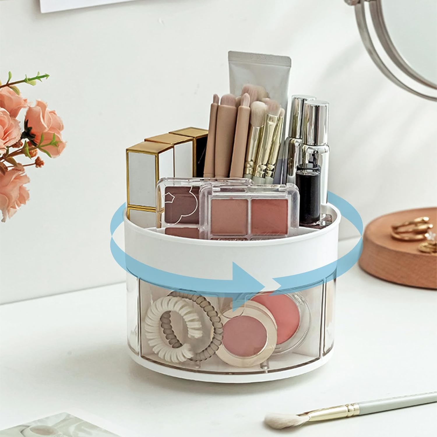 Desk Storage Organizer Makeup Brush Holder Organizer Rotating Desk Organizer with 4 Compartments Makeup Brushes Box Rotating File