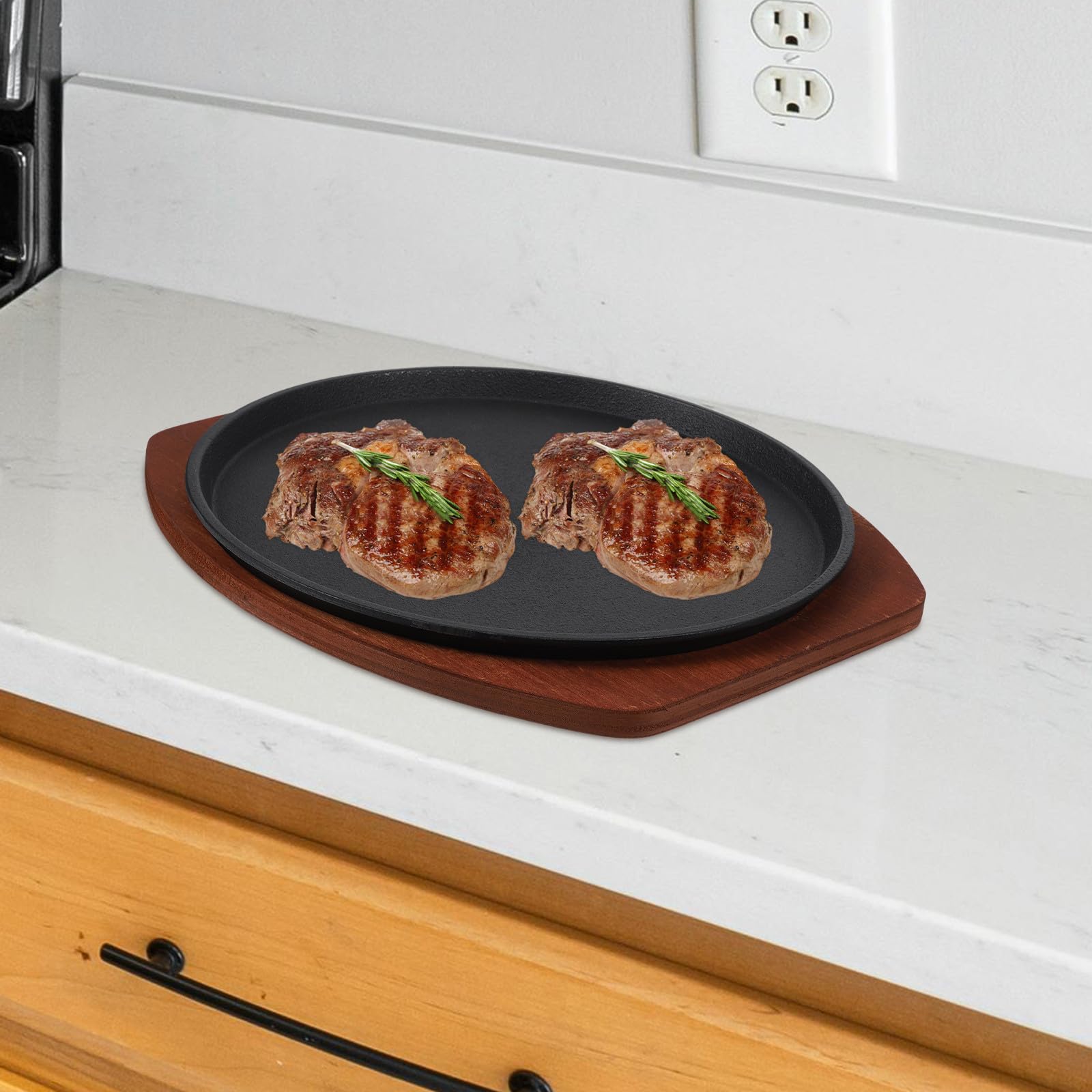 SHERCHPRY Plancha de Hierro Fundido Base de Madera para Carne y Pescado, Excelente Conductividad Térmica y Distribución Uniforme del Calor para Barbacoa