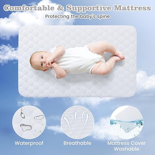 Miniatura 2 de INFANS Cuna de bebé 3 en 1, cama de noche con colchón cómodo, ruedas, 6 altura ajustable, cesta de almacenamiento, bolsa de viaje, cuna portátil de