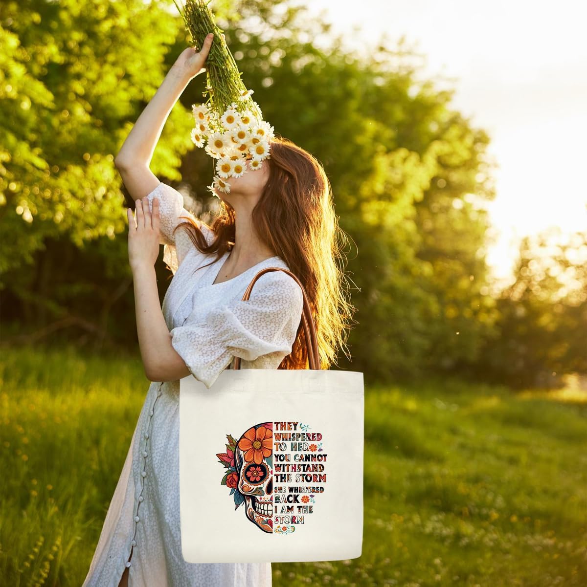 Mexican Sugar Skull Canvas Tote Bag for Women, Dia De Los Muertos Aesthetics Tote Bag, I Am The Storm, Sugar Skull Gifts for Women Reusable Inspirational Gifts Beach Bags -01 - Image 5