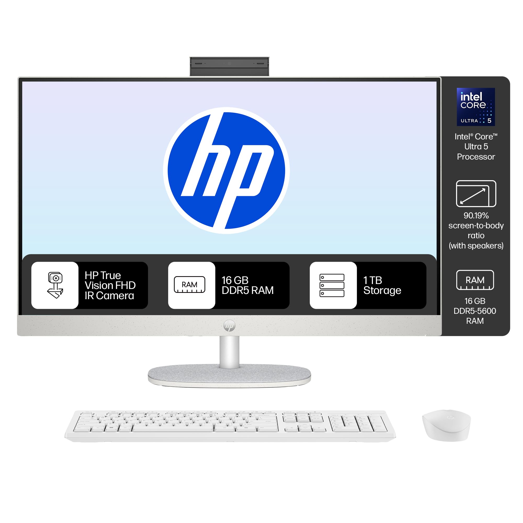 HP All-in-One, Intel Core Ultra 5 125U (16GB DDR5,1TB SSD) IPS, 300 nits, Anti-Glare, 27inch(68.6cm) FHD, Win11, M365, Office24, Shell White, 6.72kg, FHD IR tilt Camera w/Privacy shuttter, 27-cr1027in
