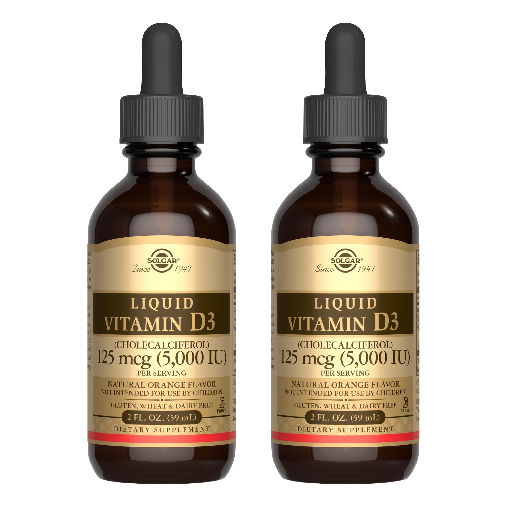 Solgar Liquid Vitamin D3 125 mcg (5,000 IU) - 2 fl oz, Pack of 2 - Natural Orange Flavor - Helps Maintain Healthy Bones & Teeth - Immune System Support - Gluten & Dairy Free - 118 Total Servings