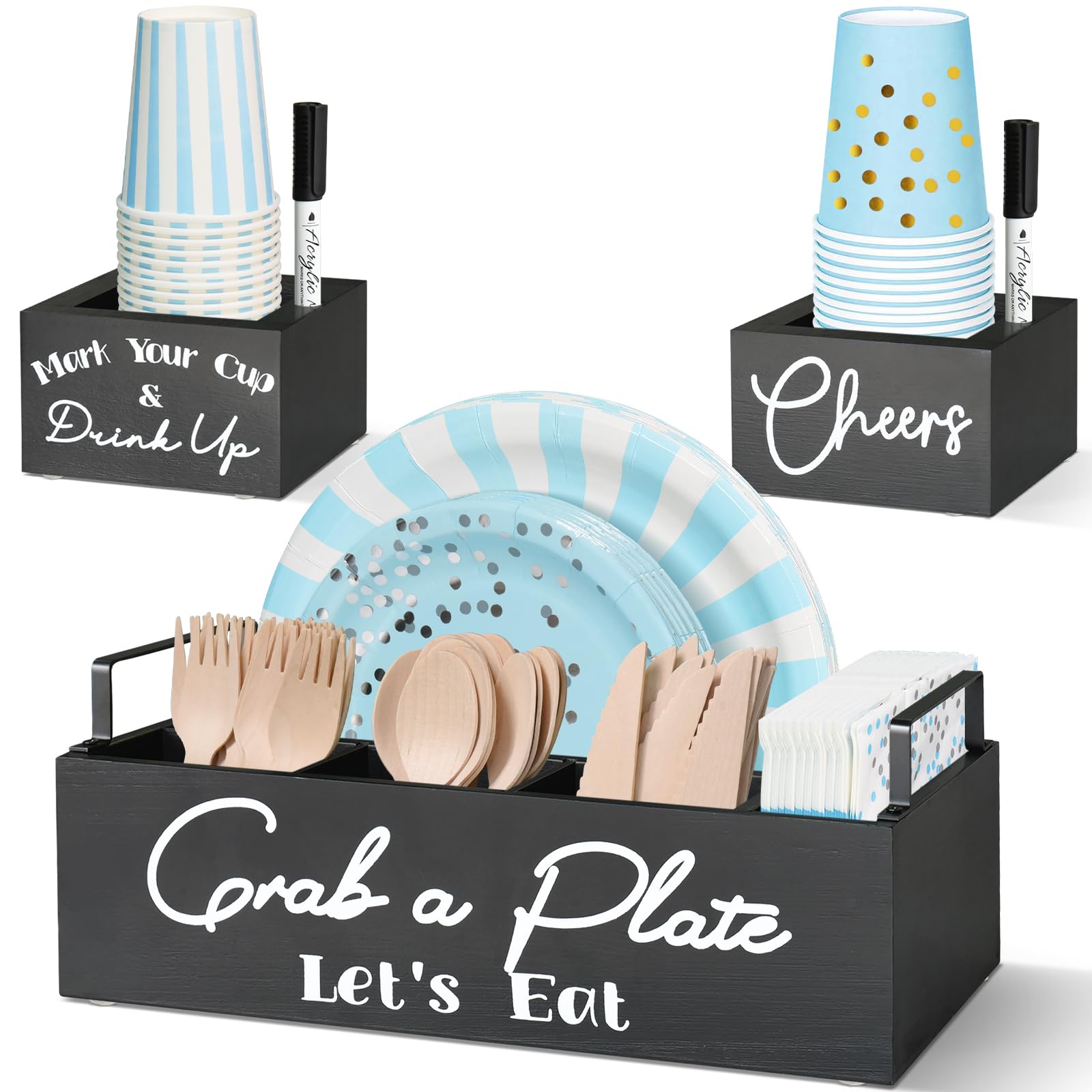 Paper Plate Holders with 2 Cup Holders and 2 Markers, Wood Utensil Holder for Party, Kitchen Paper Plate Dispenser for Counter, Disposable Plate Organizer, Silverware Holder for Cup, Plate, Napkin