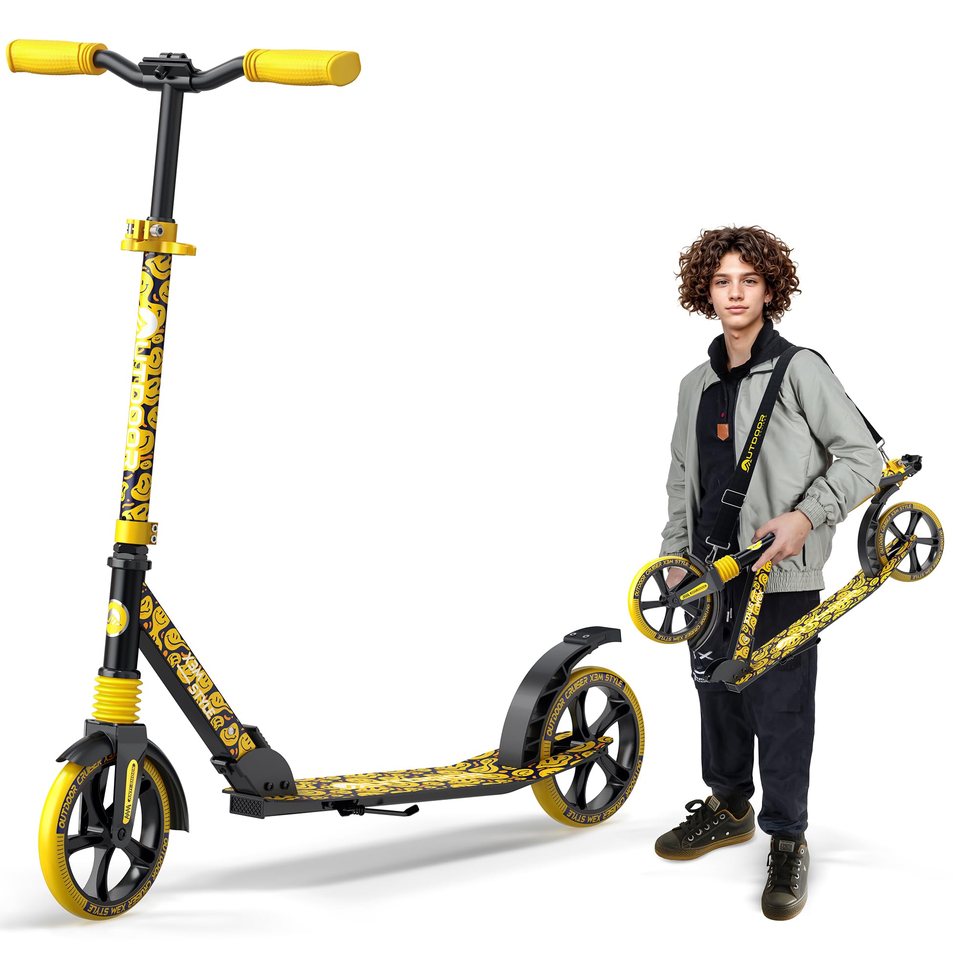 Outdoor Cruiser Kick Scooter for Ages 6+, for Kids, Teens, and Adults, Max Load 250 LBS, Foldable, 8-inch Big Wheels, Dual Suspension, 3 Adjustable Levels, Child Safety Approved, Yellow