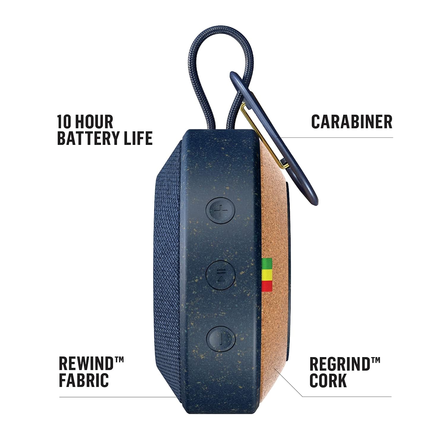 House of Marley No Bounds speaker side view showing 10-hour battery life, carabiner, Rewind fabric, and Regrind cork.