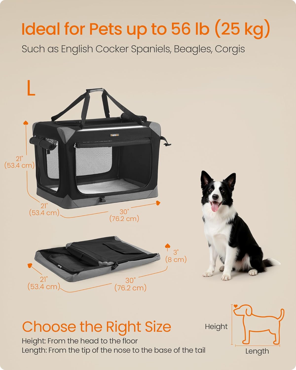 Feandrea Collapsible Dog Crate, Portable Oxford Fabric Pet Travel Crate with 4 Mesh Doors, Handles, Pocket, 30 Inches, for Medium Dogs, Ink Black and Dove Gray UPDC027BH01