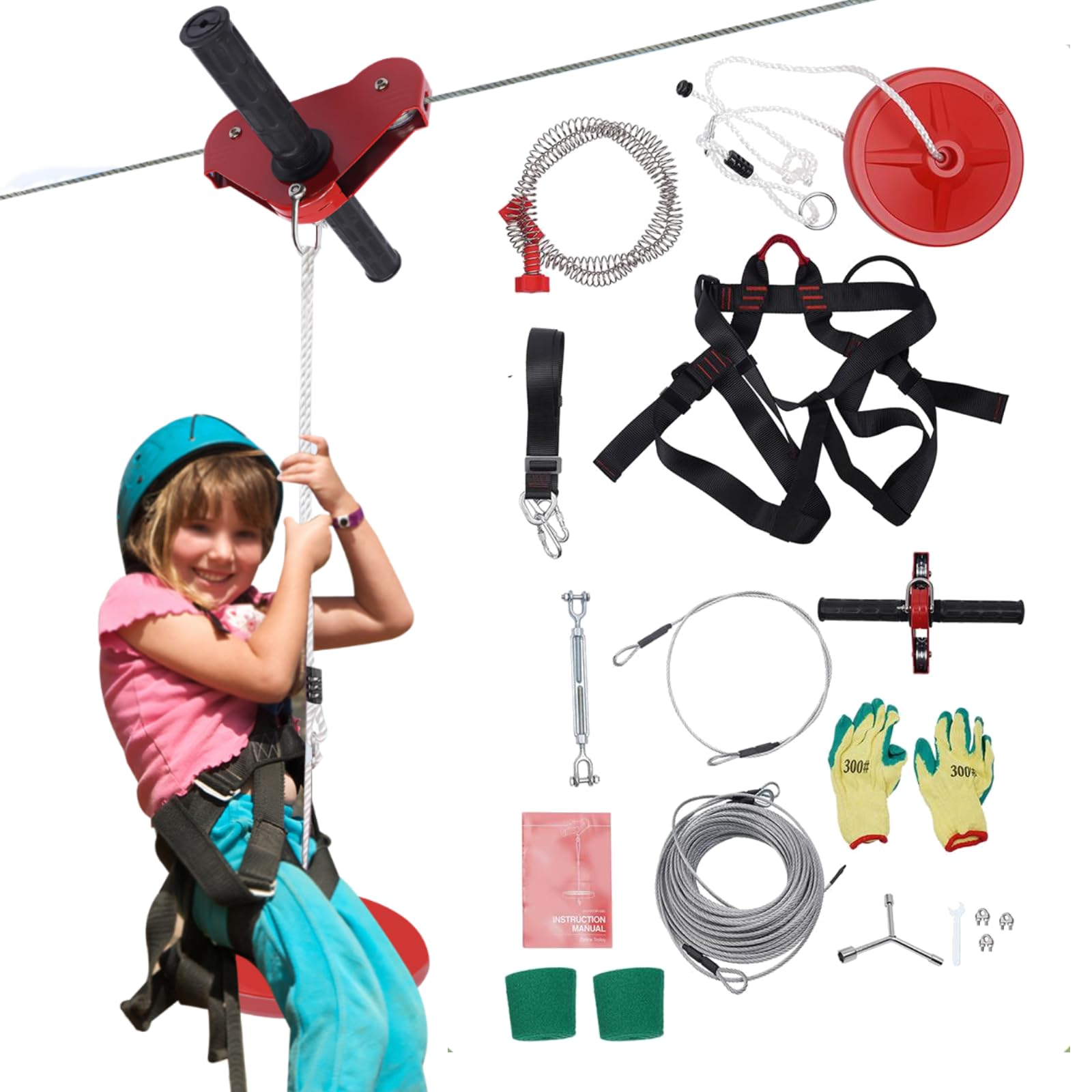 Eleeferri Zip Line Kit for Kids and Adults, 160 ft, Up to 330 Lbs Outdoor Zipline Trolley Slackers Kit with Seat & Safety Harness, Stainless Steel Cable Spring Brake for Backyard Playground