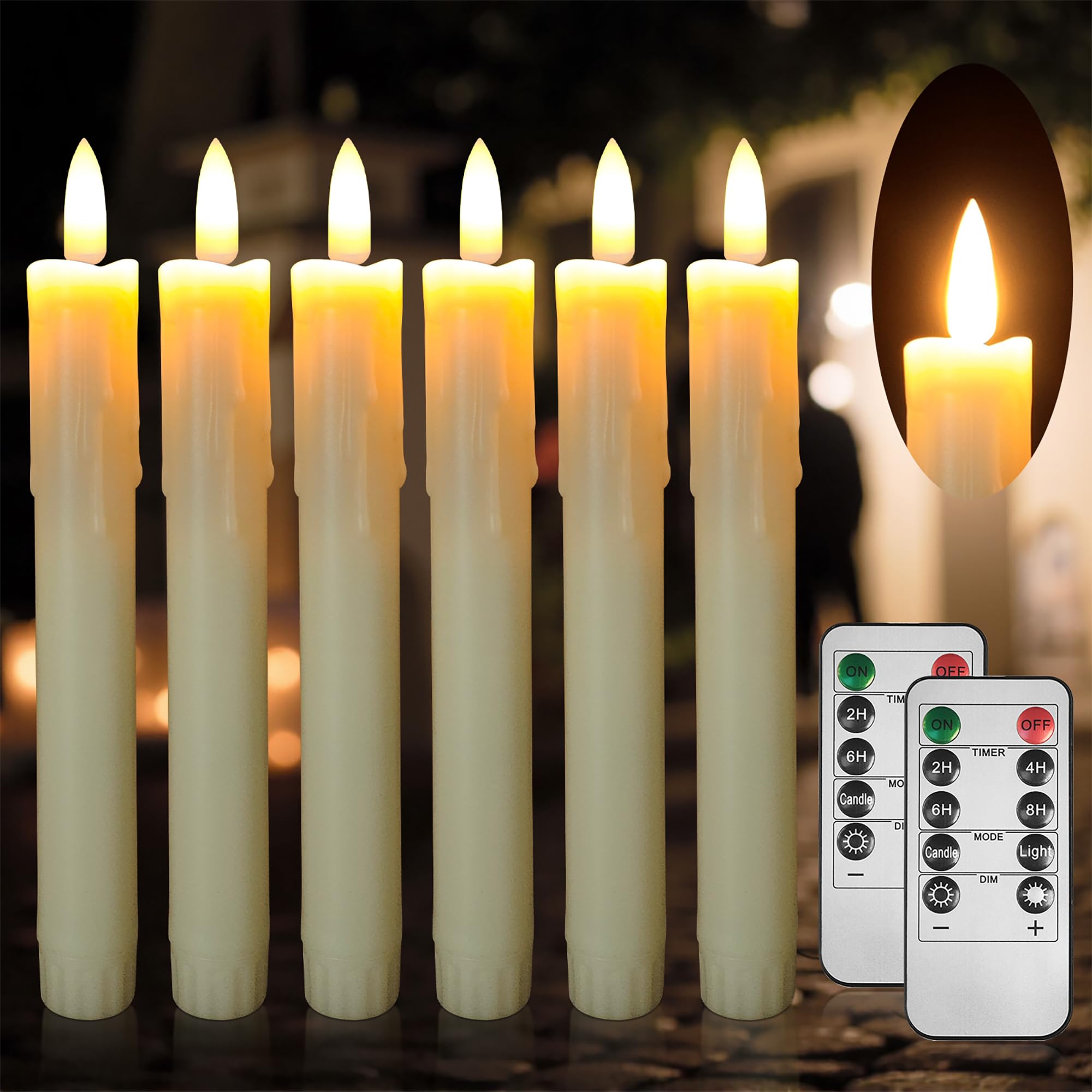 6.7 Inch Flameless Taper Candles, Ivory, Set of 6