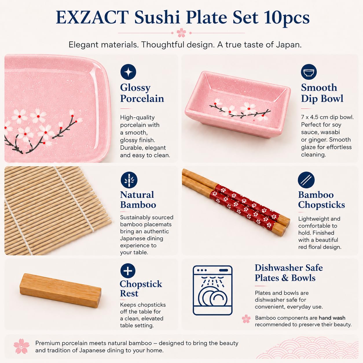 Exzact 10-teiliges Sushi-Set – 2 x Sushi-Teller, 2 x Dip-Schalen, 2 x Bambus-Tischsets, 2 x Bambus-Essstäbchen, 2 Paar Essstäbchen – hochwertiges Porzellan