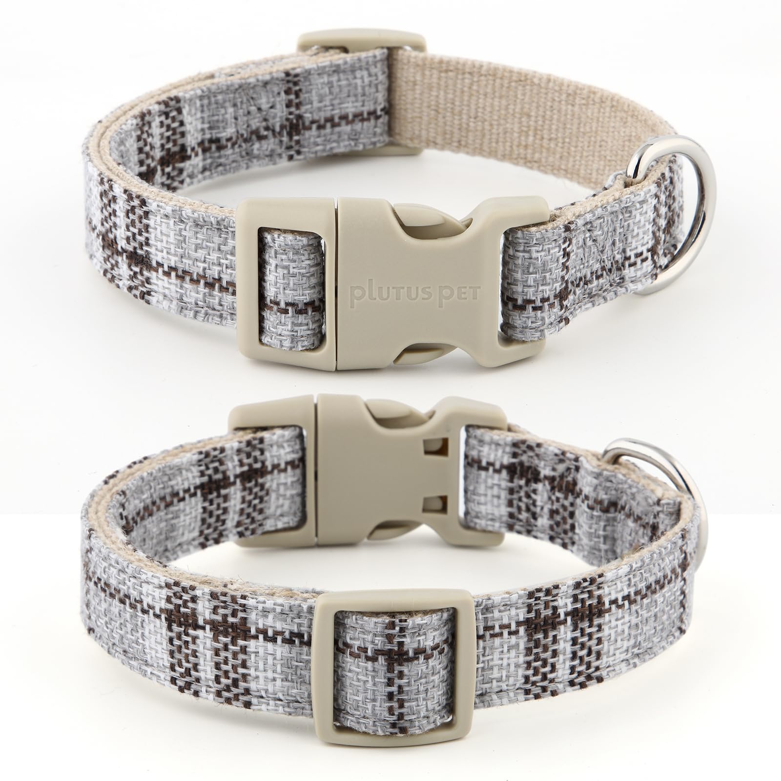 Plutus Pet Cotton Hemp Dog Collar and Leash Set, Adjustable Collar for Small, Medium, and Large Dogs, Heavy Duty and Soft on Skin, Gray Plaid, S