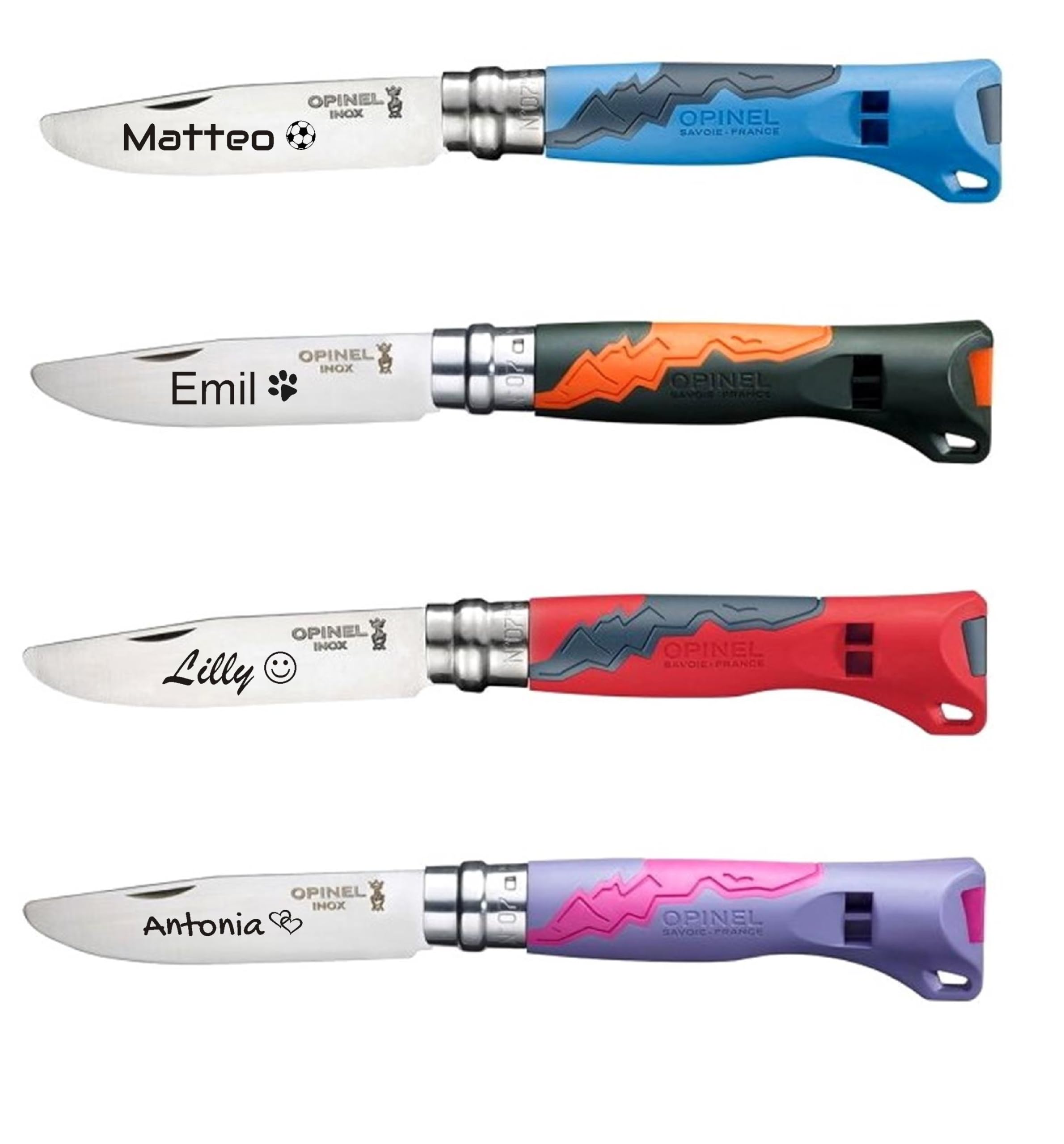 Opinel Outdoor Junior Kindermesser mit Kunststoffgriff | persönliche Gravur | vorne abgerundete Spitze | rostfrei | Signalpfeife | Virobloc | Geschenk (blau)