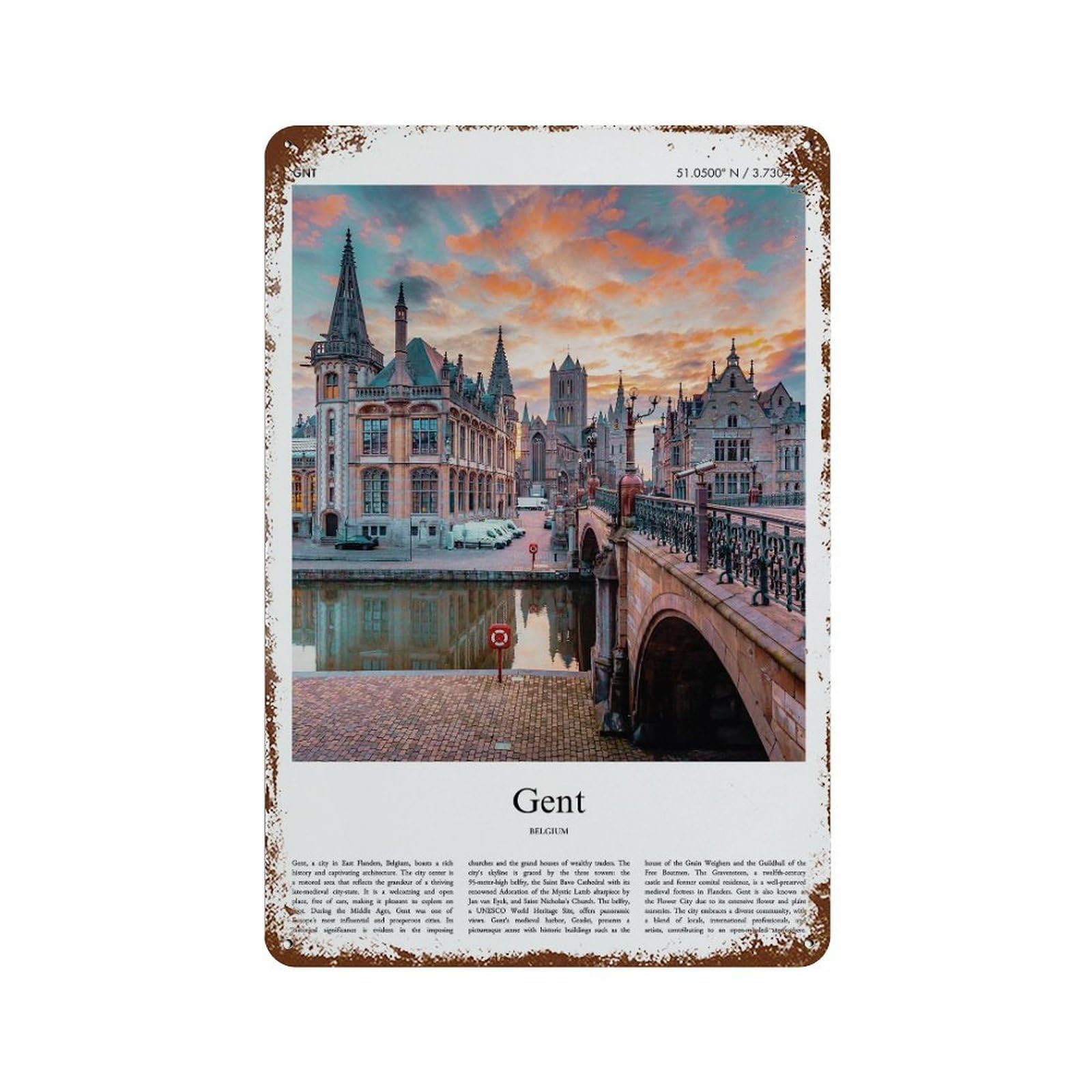 xiaoxiaoshen Gent Belgium City Scenery Wall Decor Art Metal Tin Poster Modern Home Decor Art Home Bar Shop Decorations Vintage Sign 30x20cm