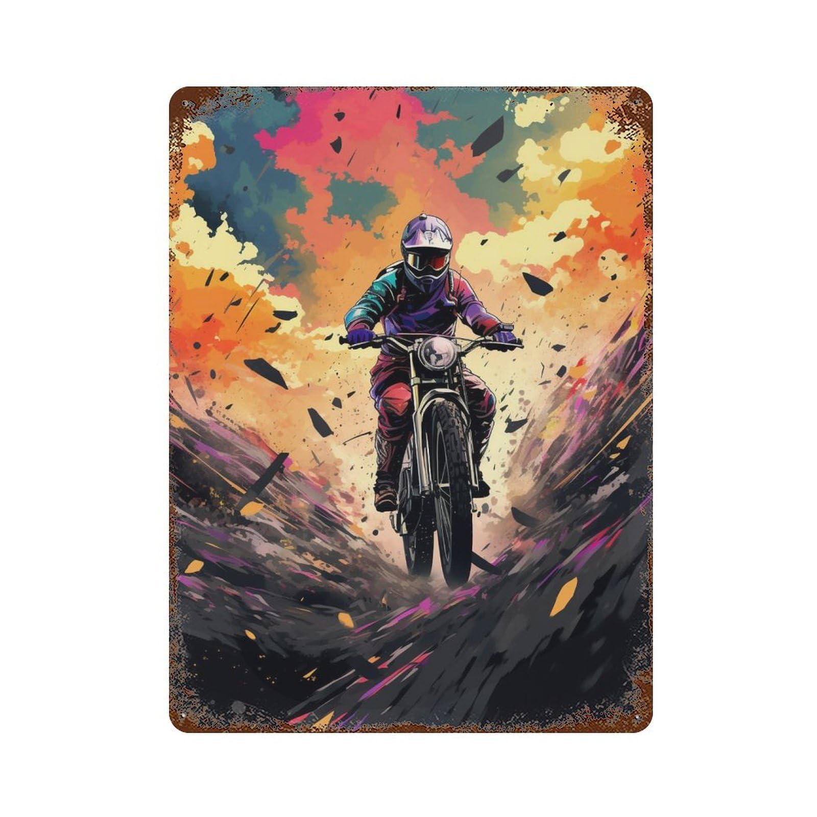 Rust Effect Rider in Action Motorcycle Speed Artwork Aged Metal Wall Plaque 15.7"x11.8", Shabby Chic Decor for Living Room, Hallway And Home Decor