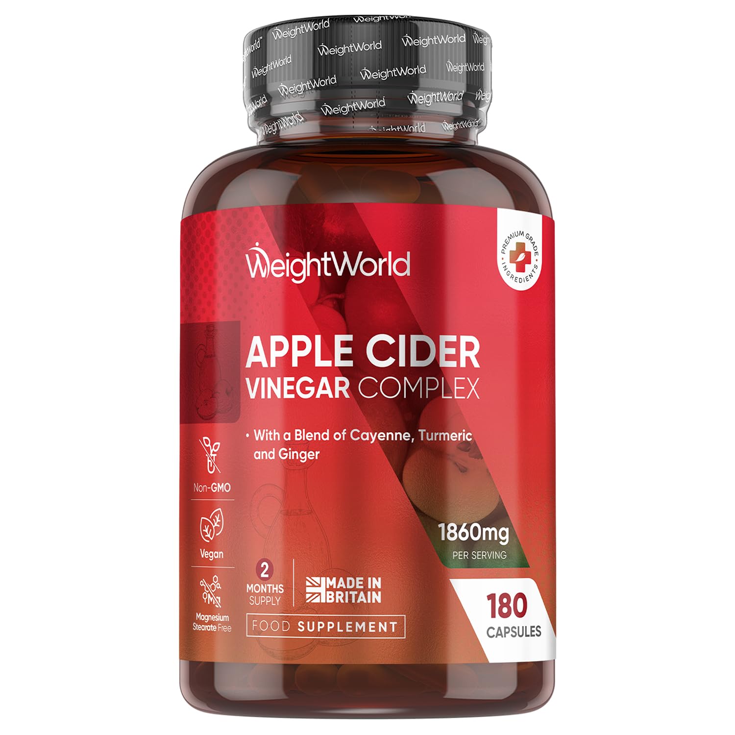 Apple Cider Vinegar Capsules 1860mg - 2 Months Supply - 180 Capsules - 4 Probiotic Strains (2 Billion CFUs) - with Cayenne Pepper, Turmeric & Ginger - Non-GMO & Vegan ACV Supplement - Made in The UK
