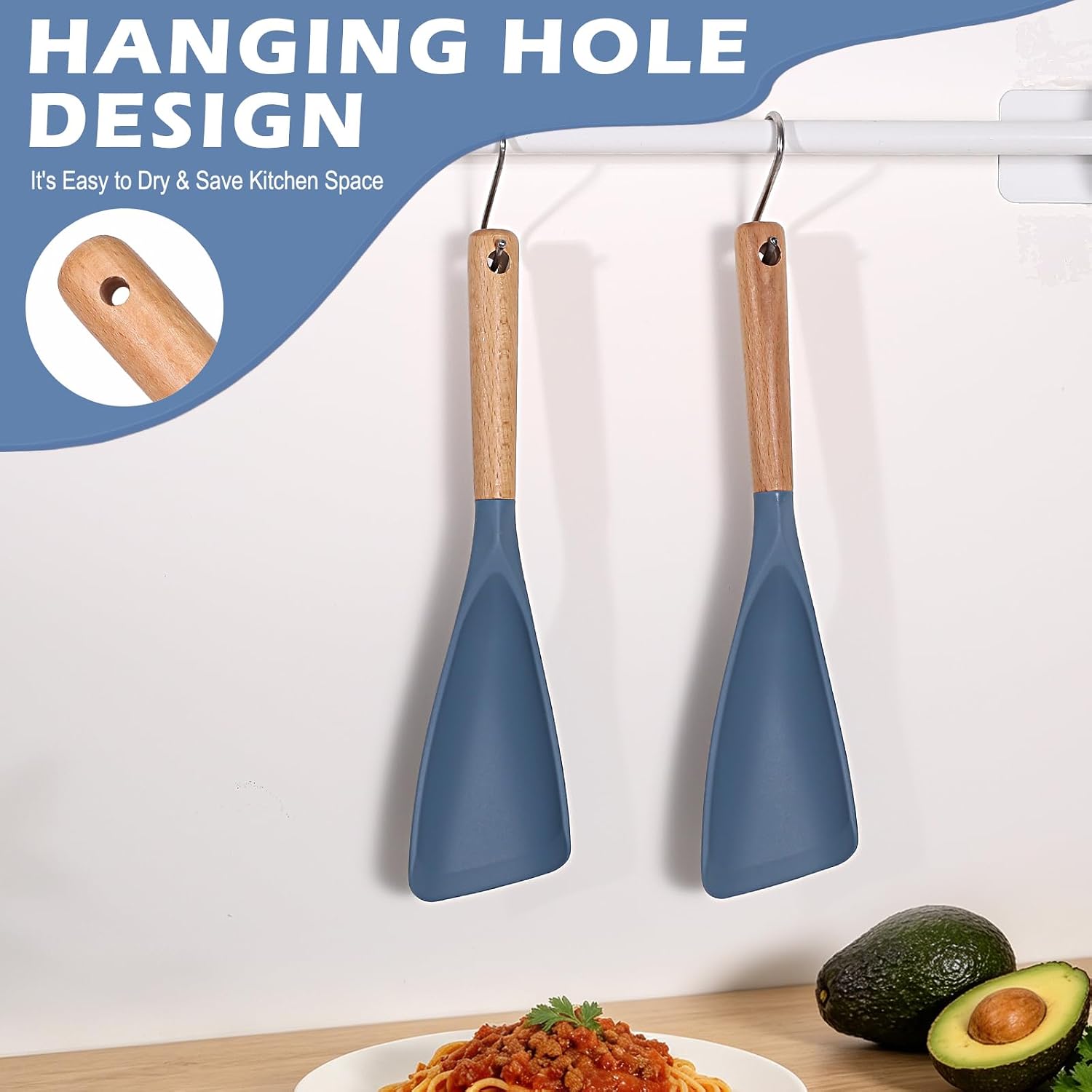 Cooking Spoon for Nonstick Cookwares, Multifunction Spatula Spoon, Great for Both Cooking and Serving, Wood Handle Spoon for Stirring, Mixing, Serving (2, BLUE)