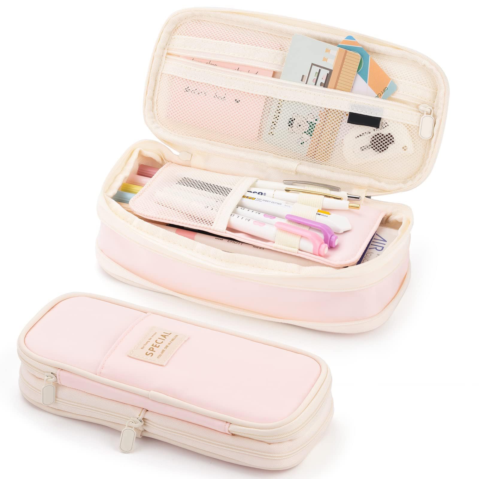 MEQUER Pencil Case for Adult Girl Large Capacity Pen Pouch with Zip-Pink