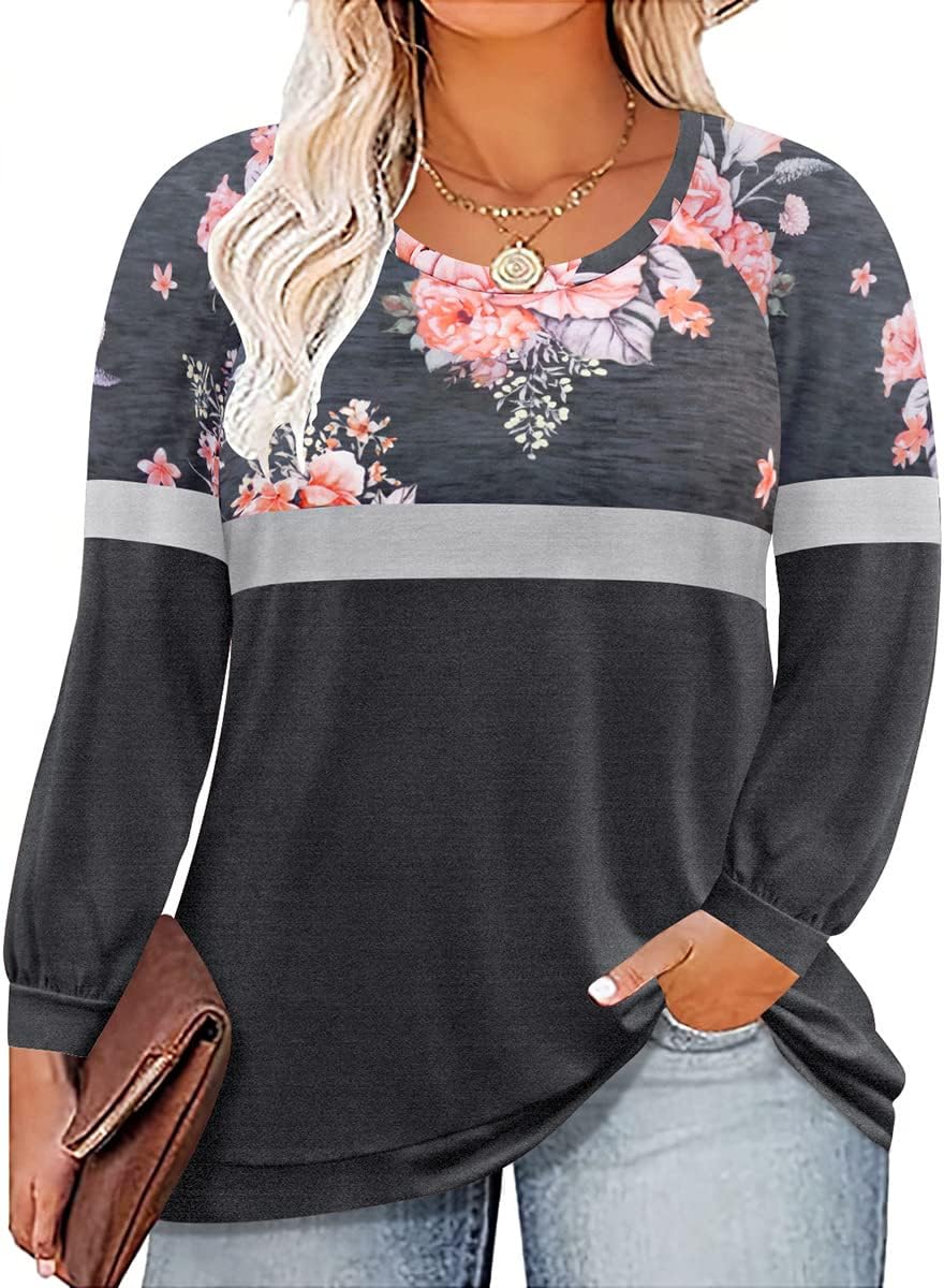 RITERA Plus Size Tops for Women Long Sleeve Casual Tunic Shirts Round Neck Pullover Tees XL-5XL