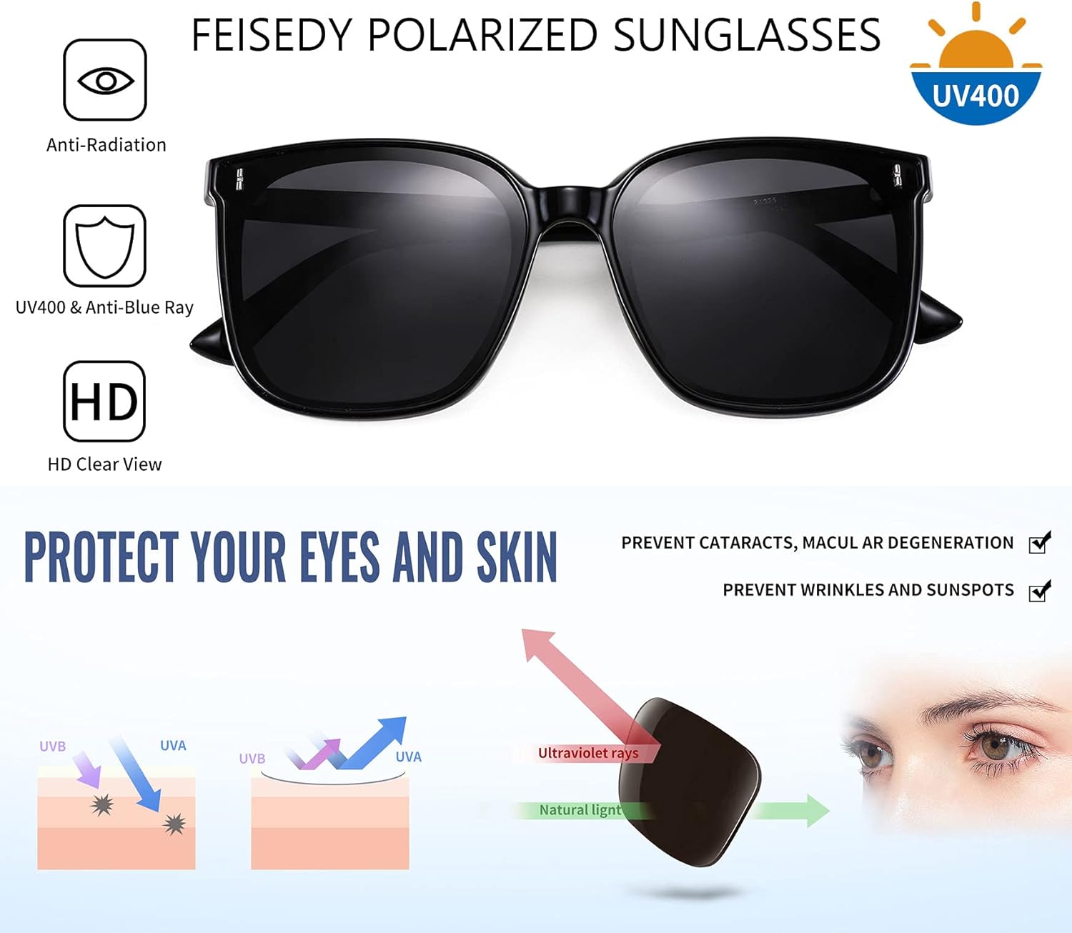 FEISEDY Women Oversized Vintage Polarized Sunglasses Square Cute Trendy Classic Simple Men B2758