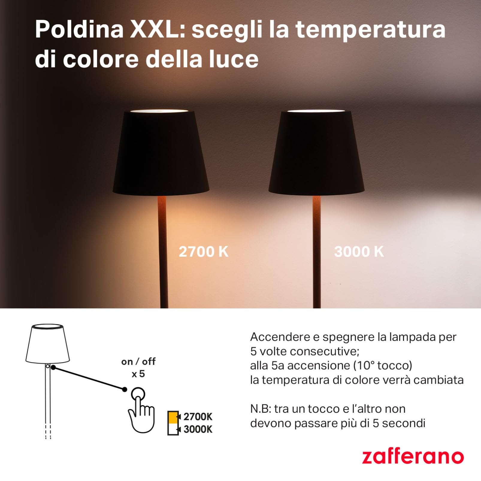 Zafferano, Poldina XXL, Lampada da Terra Ricaricabile e Senza Fili con Controllo Touch, Adatta per Salotto ed Esterni, Dimmer, 2700-3000 K, Altezza Regolabile 69-150 cm, Colore Bianco