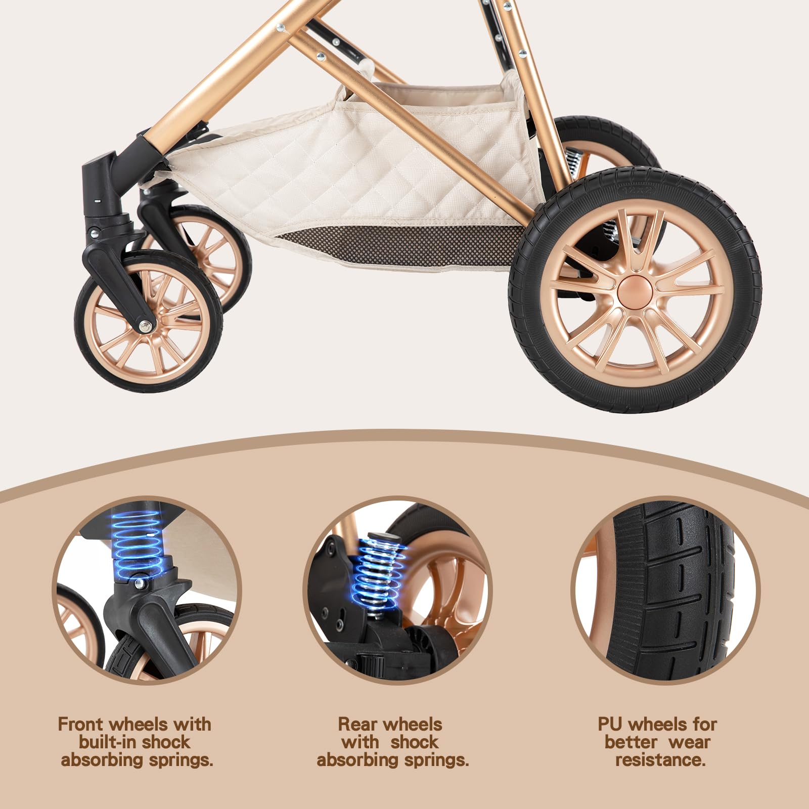 Poussette 3 en 1 Citadine avec Siège Auto, Poignée Réglable, Cadre Haut, Compacte 0-36kg