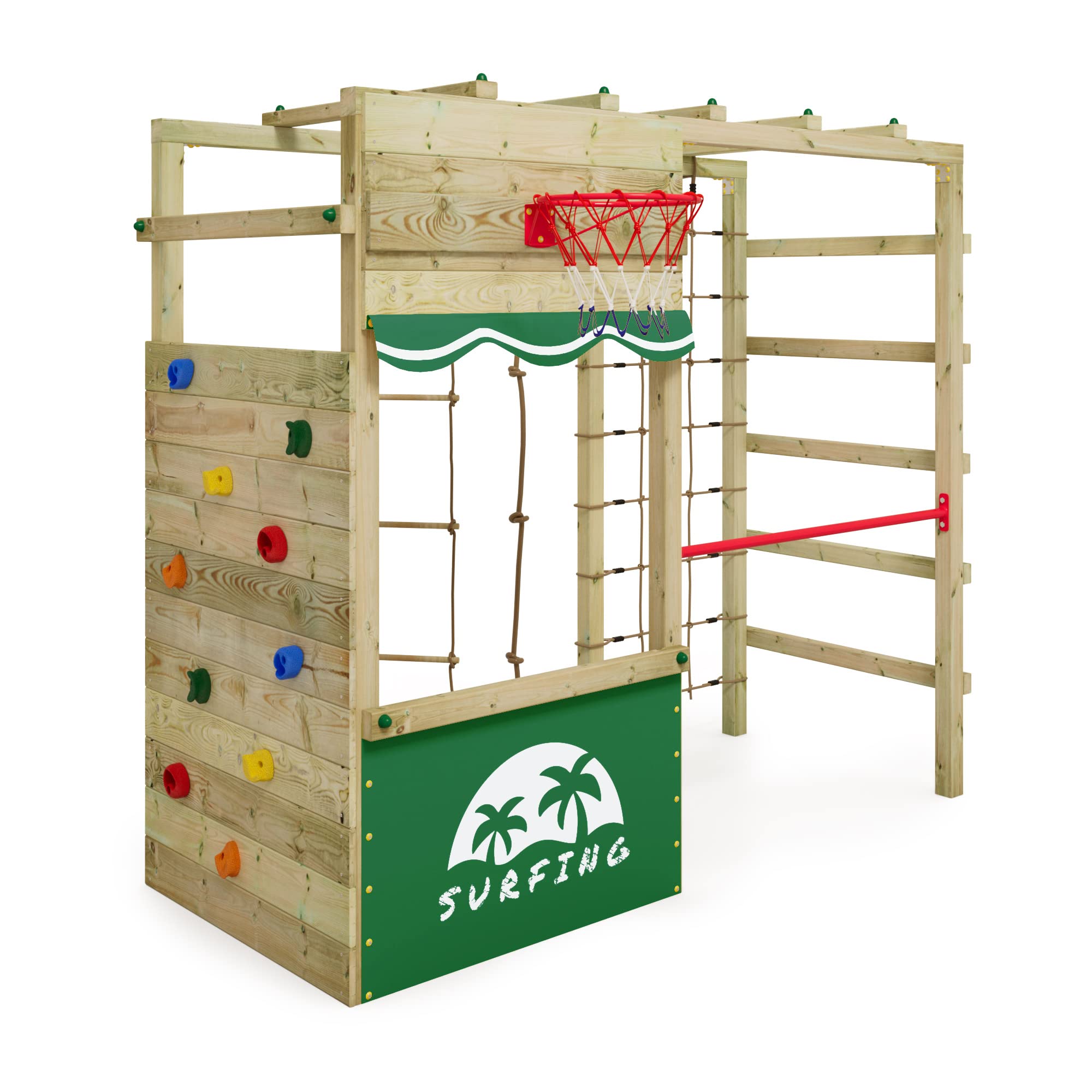 Wickey Klettergerüst Outdoor Spielturm Smart Action mit grüner Plane, Spielgerät mit Kletterwand, Basketballkorb & Spiel-Zubehör für Kinder im Garten aus Holz