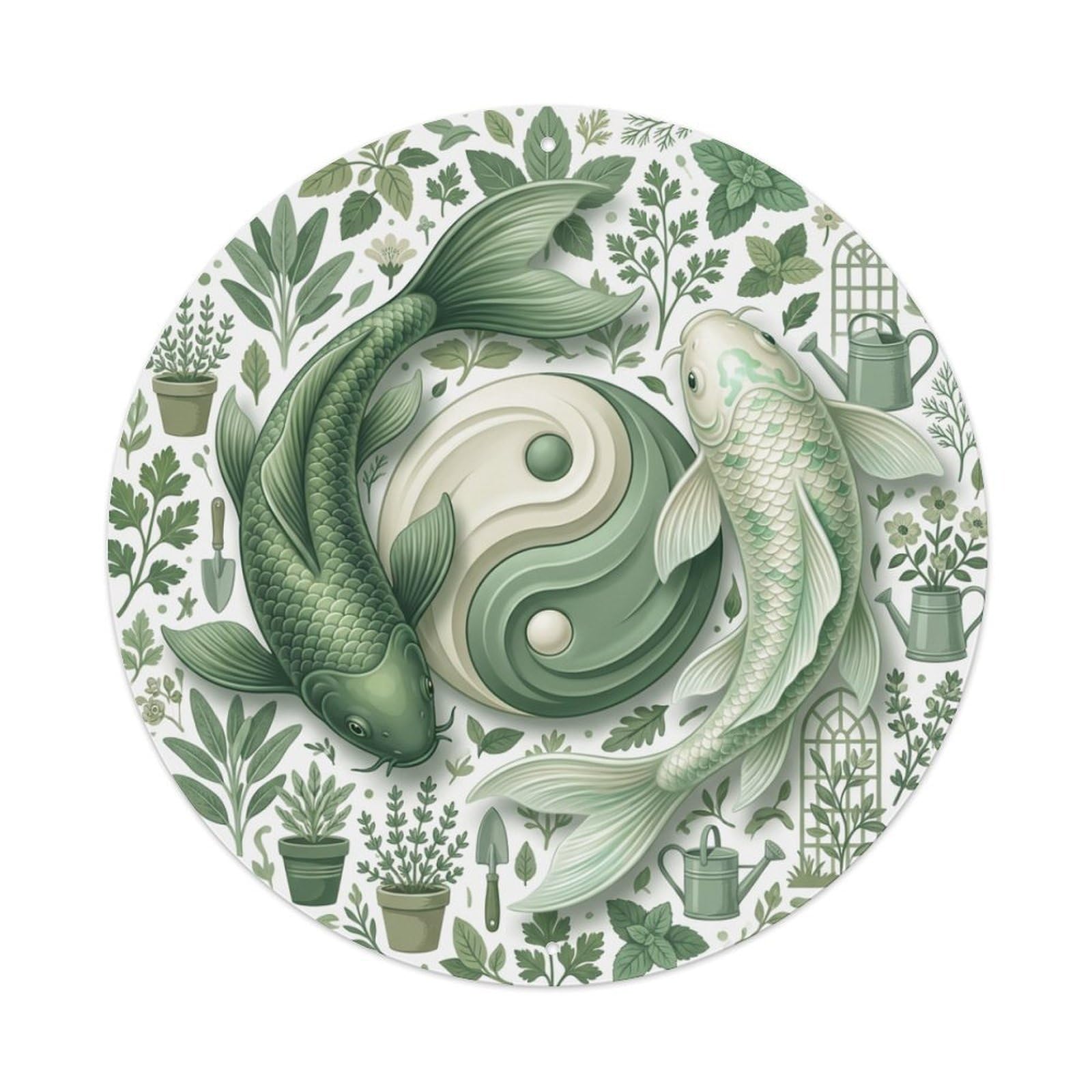 Metal Tin Sign Tai Chi Koi Fish Sage Green Meditation