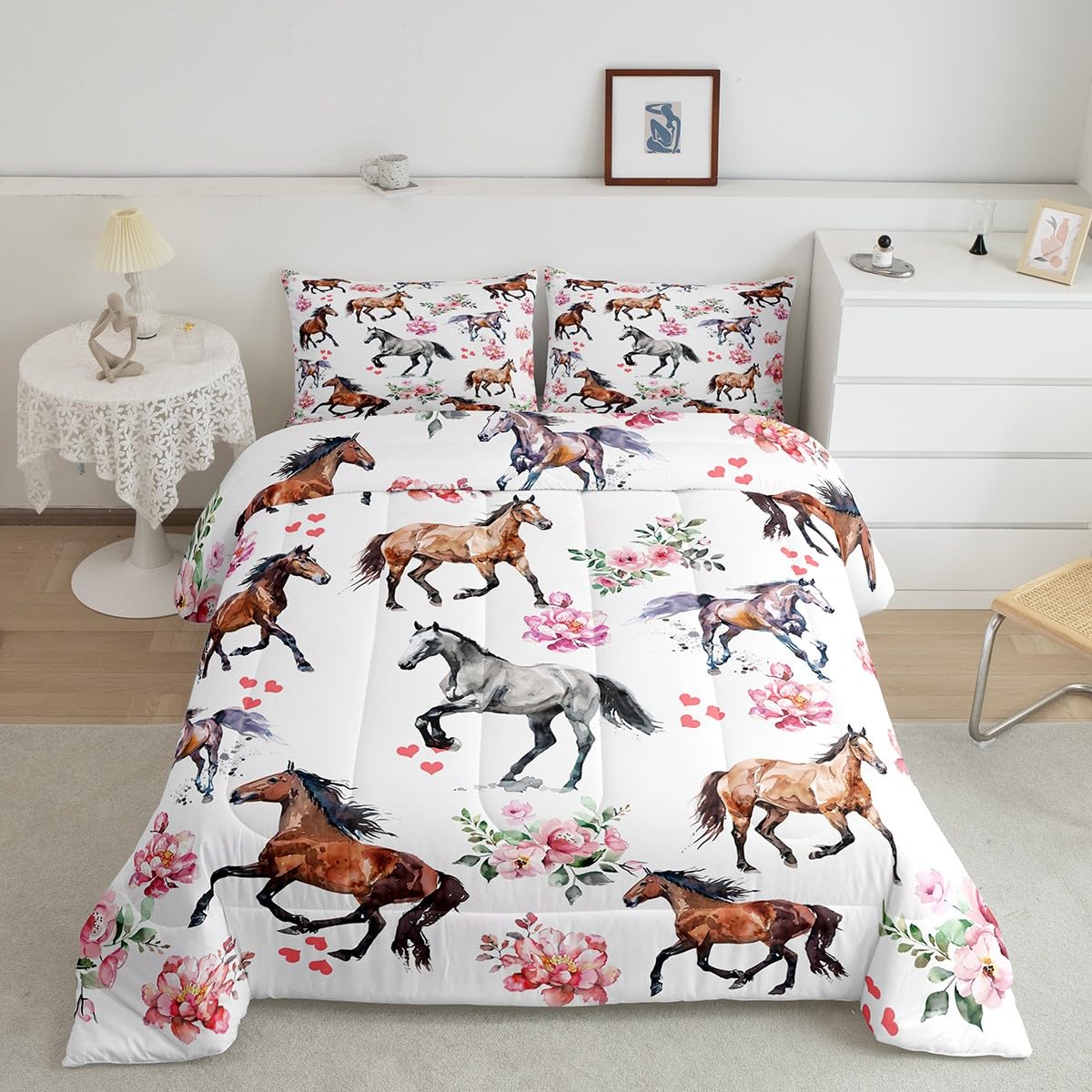 Erosebridal Horse Bedding Sets for Girls,Pink Horse Rose Comforter Full,Farmhouse Horse Bedding for Cabin Lodge,Western Cowboy Cowgirl Bed Sets with 2