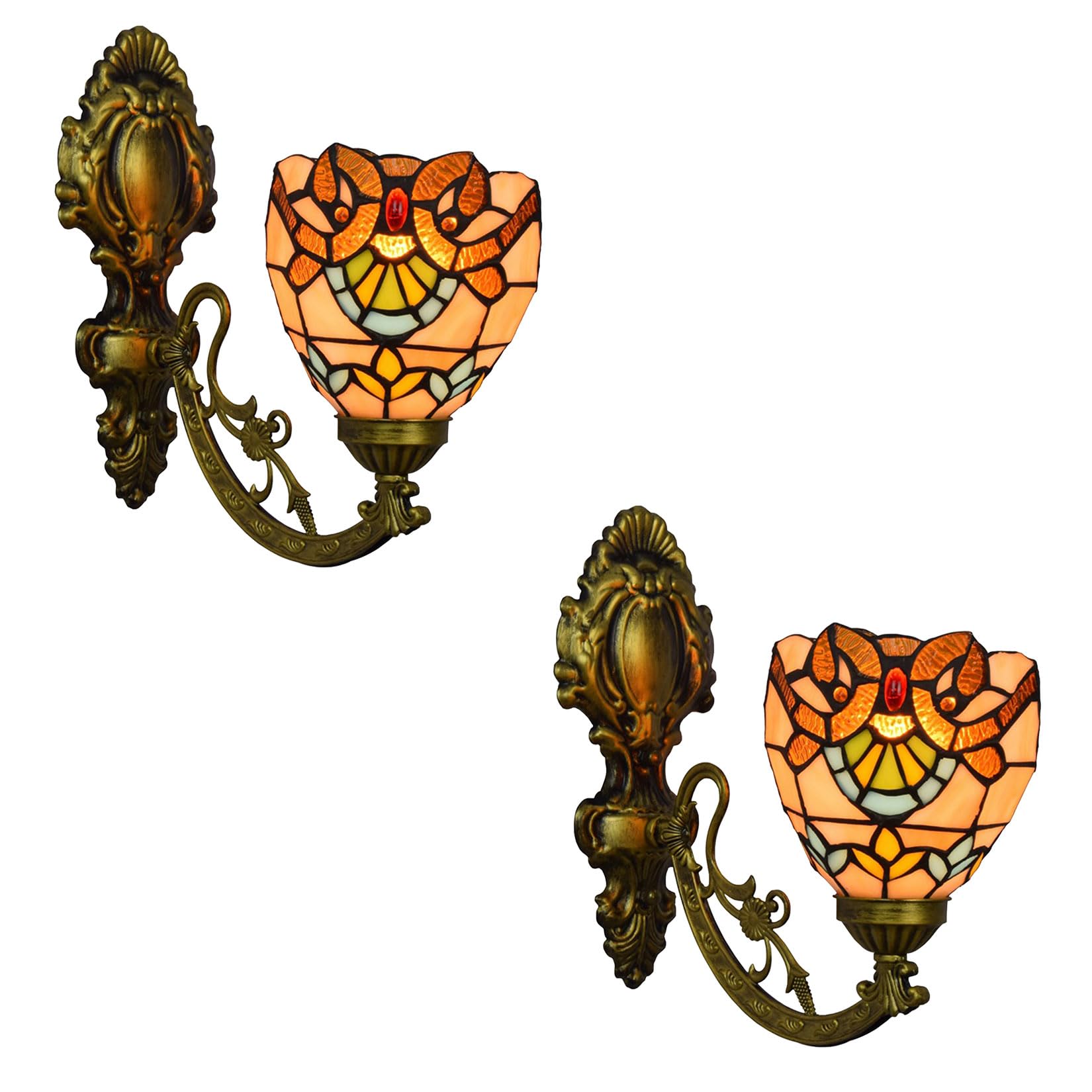 NHPJFDC Tiffany Style Wall Sconce, Stained Glass Bedside Set of 2 Wall Light for Living Room Hallway Bathroom Kitchen Cinema Study Decorative Wall Lamp,5.9inch(15cm) A