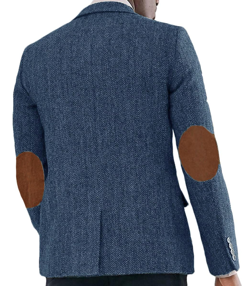 Autumn Men's Tweed Blazer Retro Herringbone Suit Jacket with Elbow Pads Single Breasted Sport Coat