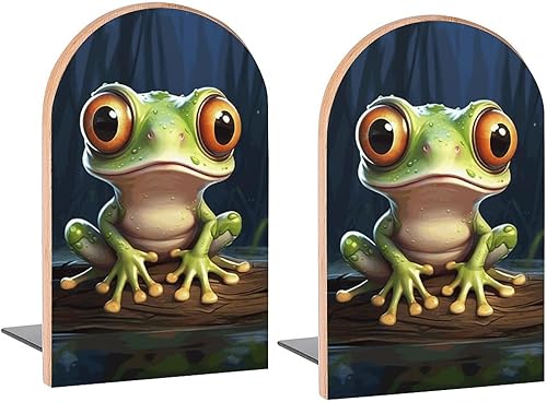 Sujetalibros decorativos de madera con diseño de rana linda para libros, libros, DVD, 1 par2 piezas (5 x 3.1 pulgadas)