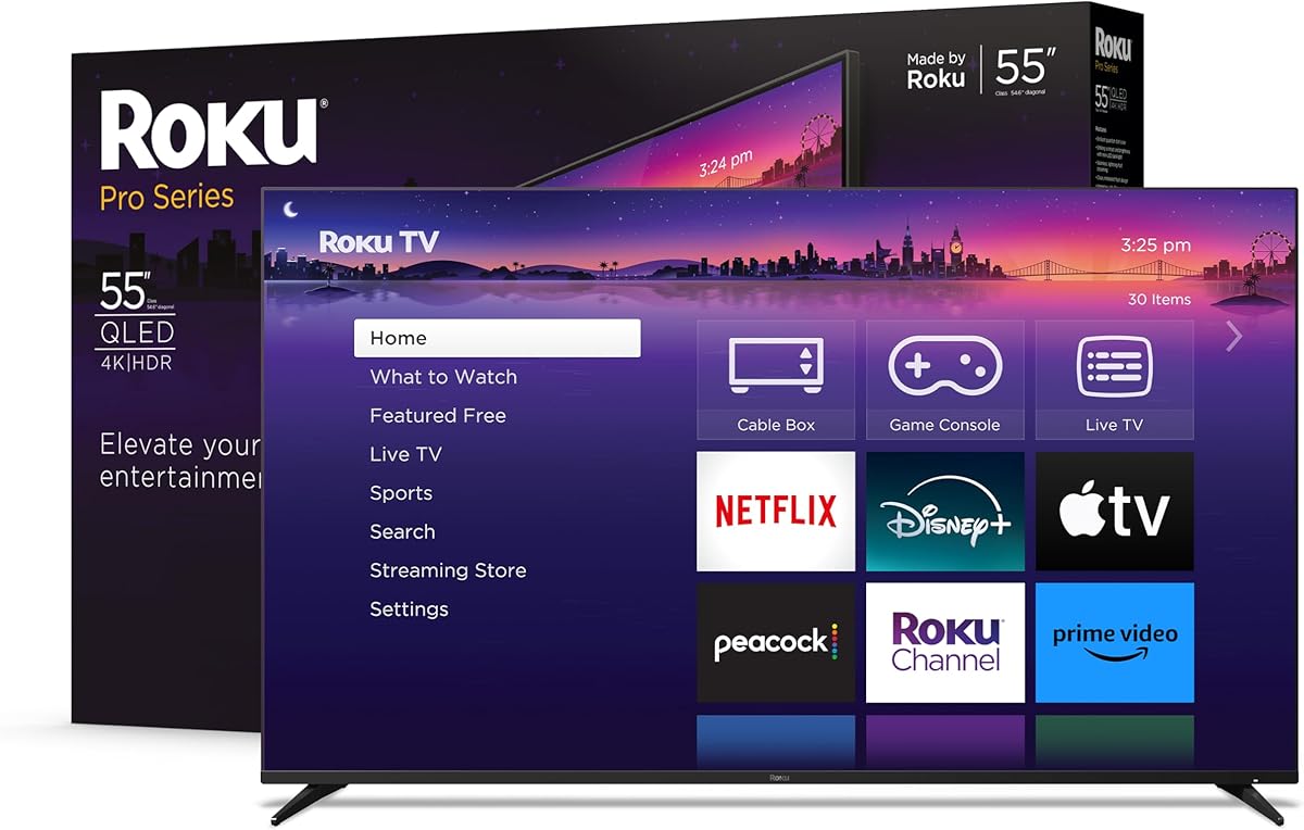 Roku Smart TV – 55-Inch Pro Series 4K QLED RokuTV with Backlit Roku Voice Remote Pro, Dolby Vision IQ, 120Hz Refresh Rate – Live Local News, Sports, Gaming