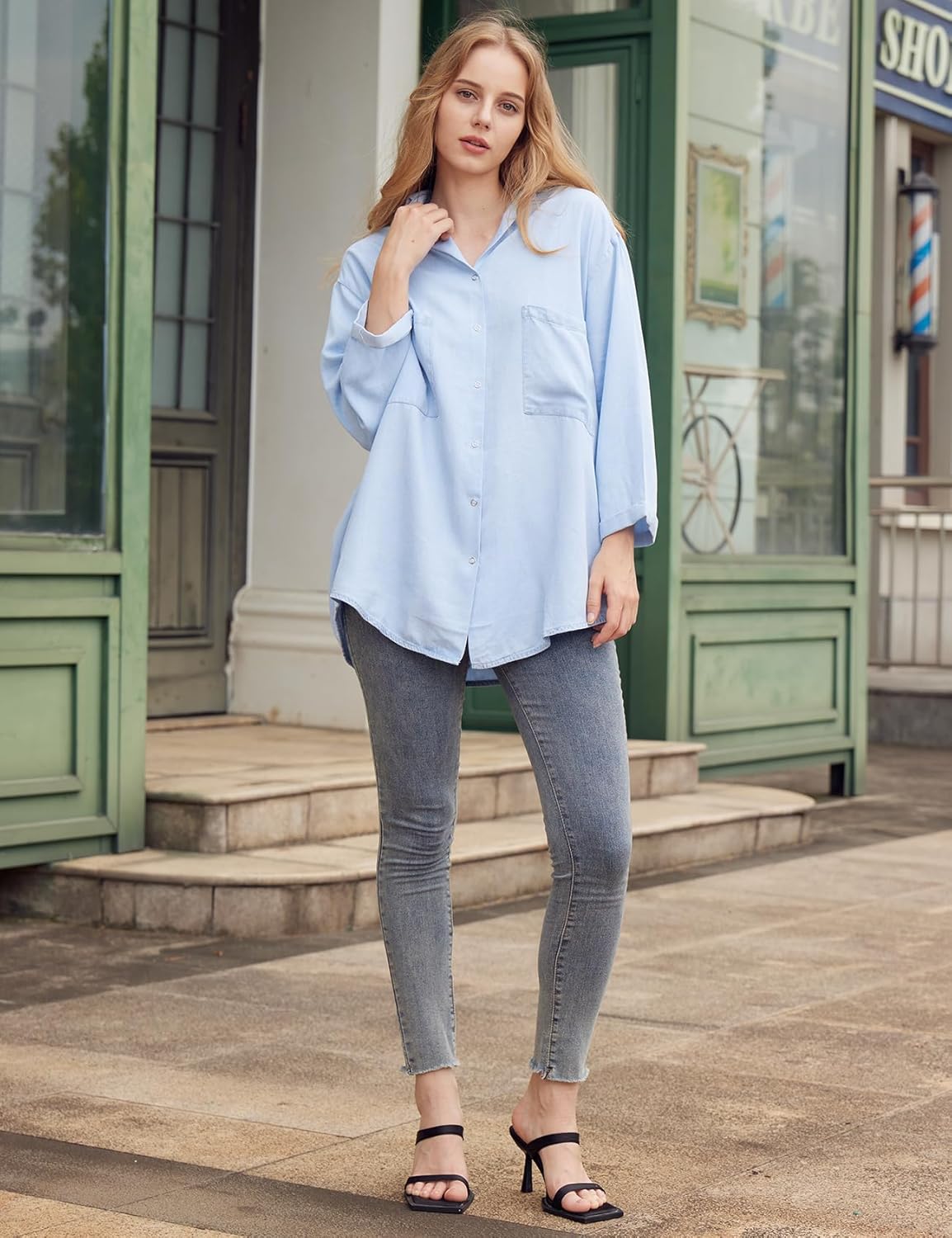 Yimoon Womens Denim Shirt Chambray Blue Button Down Jean Shirts Denim Tencel 3/4 Sleeve Tops - Image 2