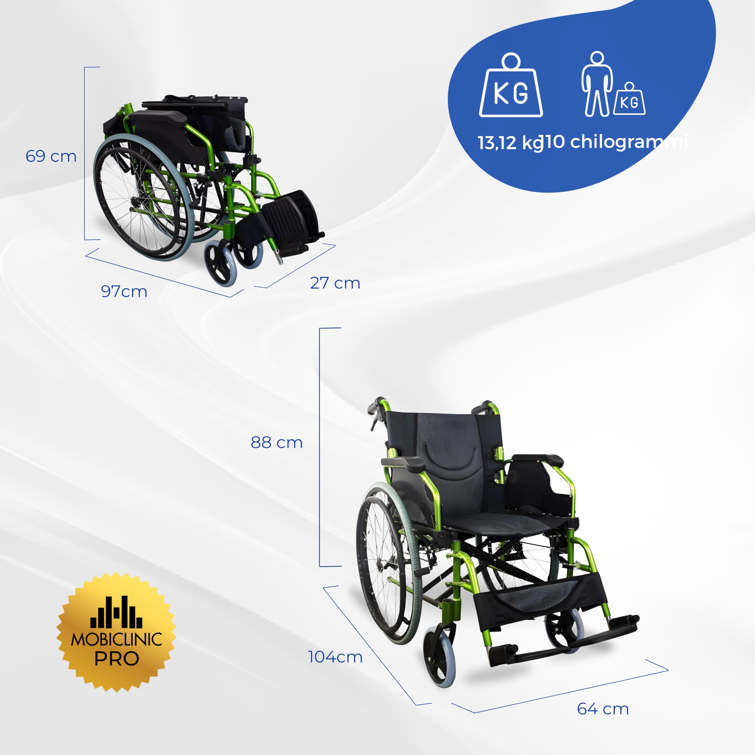 Mobiclinic®, Sedia a rotelle pieghevole, Bolonia, Alluminio, Braccioli pieghevoli, Poggiapiedi rimovibili, Schienale diviso, Per anziani, Leggera, Max. 110 kg, Seduta 46 cm, Colore verde