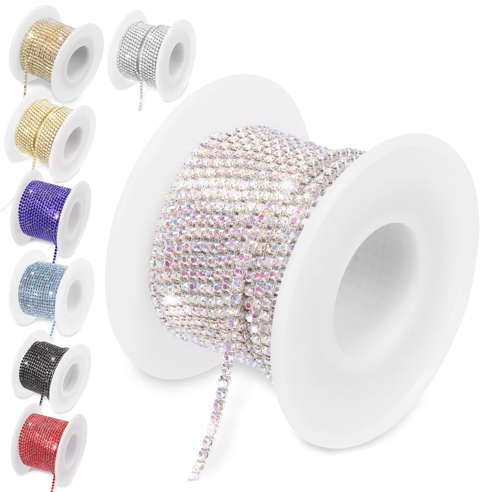 KeadicKeadic 1 Roll 10 Yards 2 MM Crystal Rhinestone Close Chain, Claw Cup Roll Sew on Trim for Wedding Party Jewelry DIY Decoration (Gold Base + White)