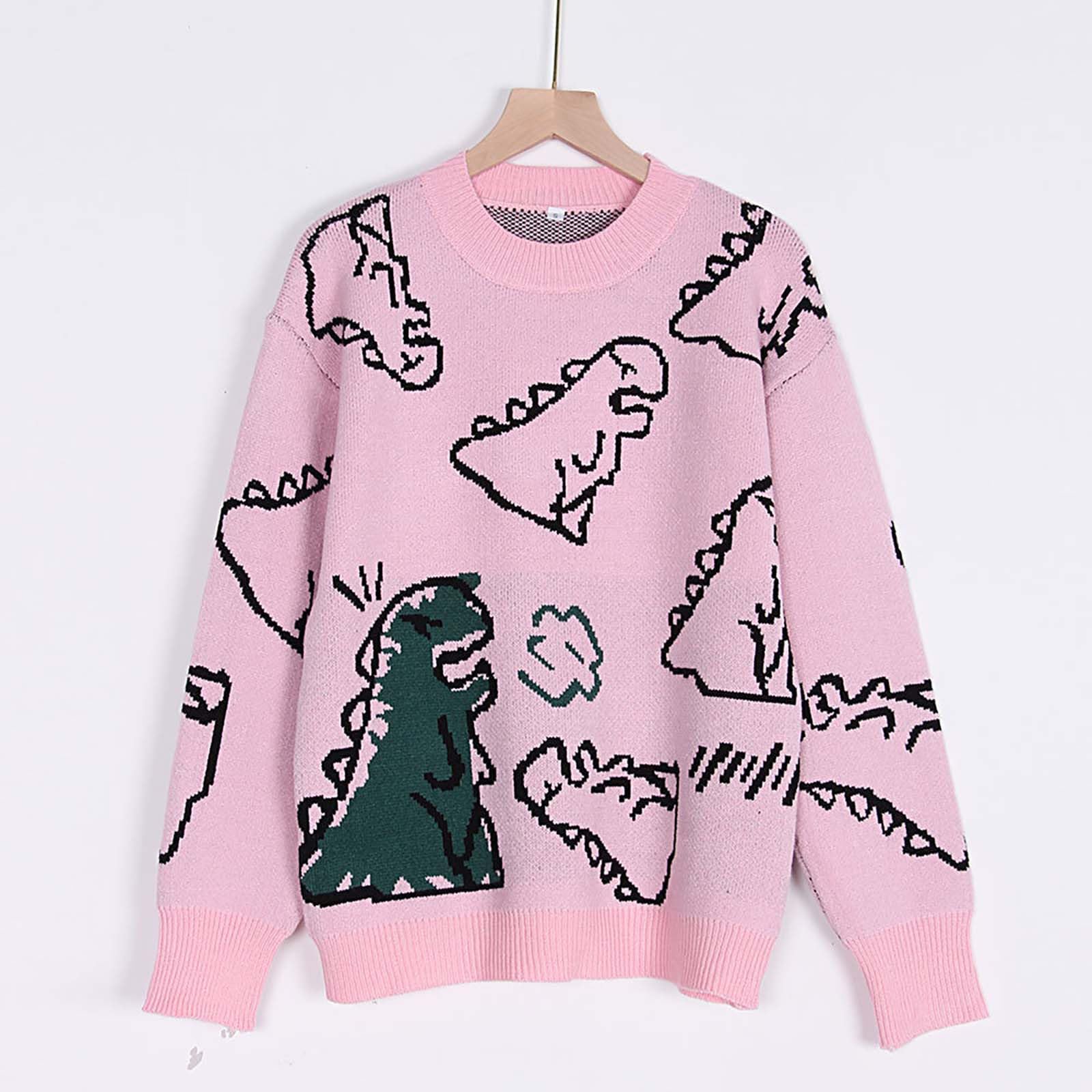 Damen-Strickpullover mit Dinosaurier-Aufdruck, übergroßer Pullover, Preppy-E-Girl-Streetwear Strickpullover Rollkragen Strickpullover Oversized Damen